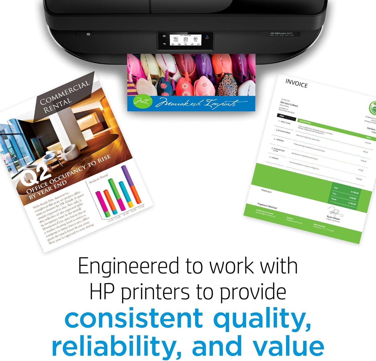 Communicates that the HP printer is engineered to deliver consistent quality, reliability, and value for business printing needs, reassuring shoppers of…