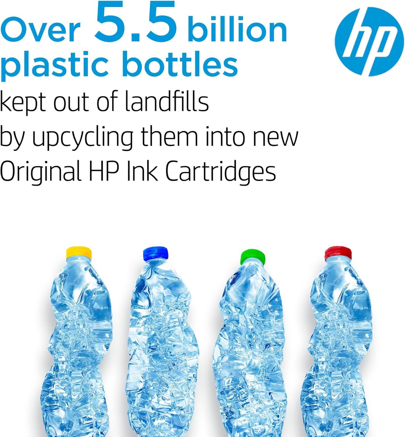 Communicates HP's environmental commitment by highlighting that over 5.5 billion plastic bottles have been upcycled into ink cartridges, reassuring eco-conscious shoppers about the brand's…