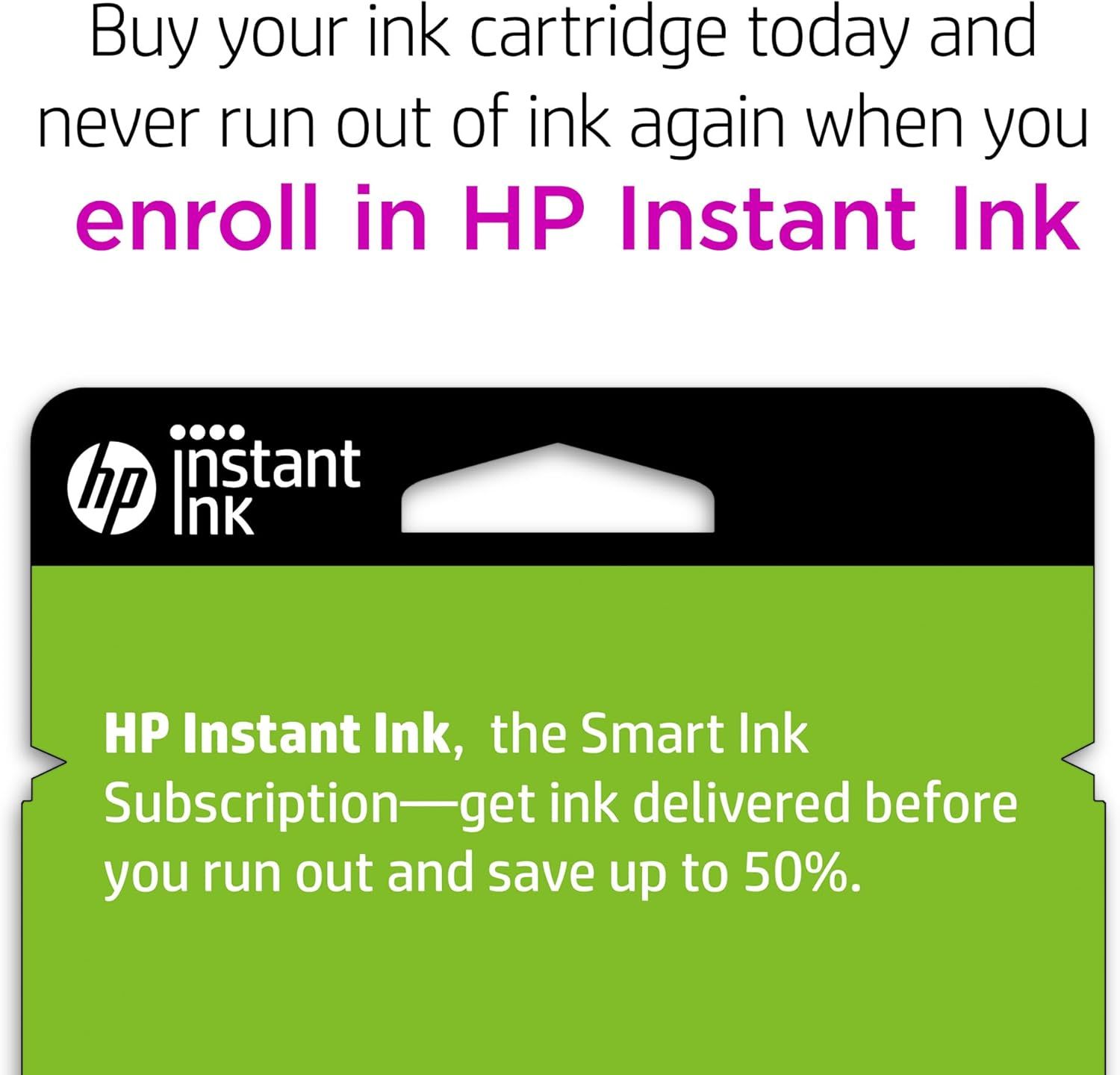 Promotes HP's Instant Ink subscription service, emphasizing the convenience of automatic ink delivery and the benefit of saving up to 50% to encourage…