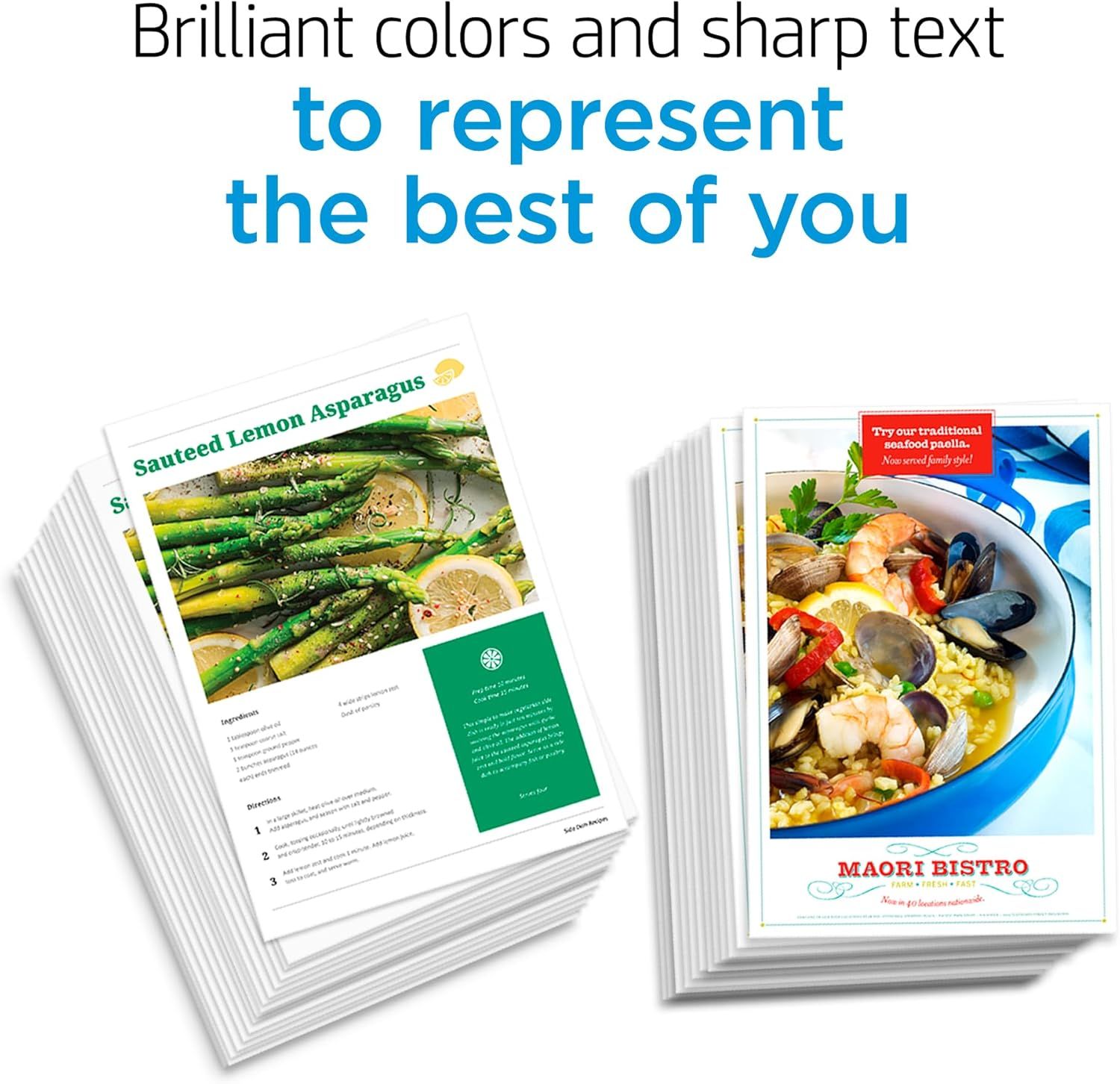 Demonstrates the product's ability to produce high-quality printed materials with vibrant colors and crisp text, showcasing professional-looking recipe cards…