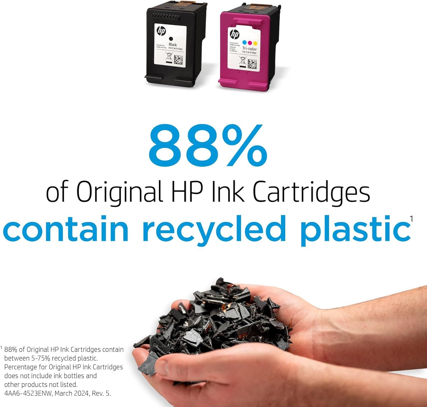 Communicates the environmental responsibility of HP ink cartridges by highlighting that 88% contain recycled plastic, reassuring eco-conscious shoppers.…