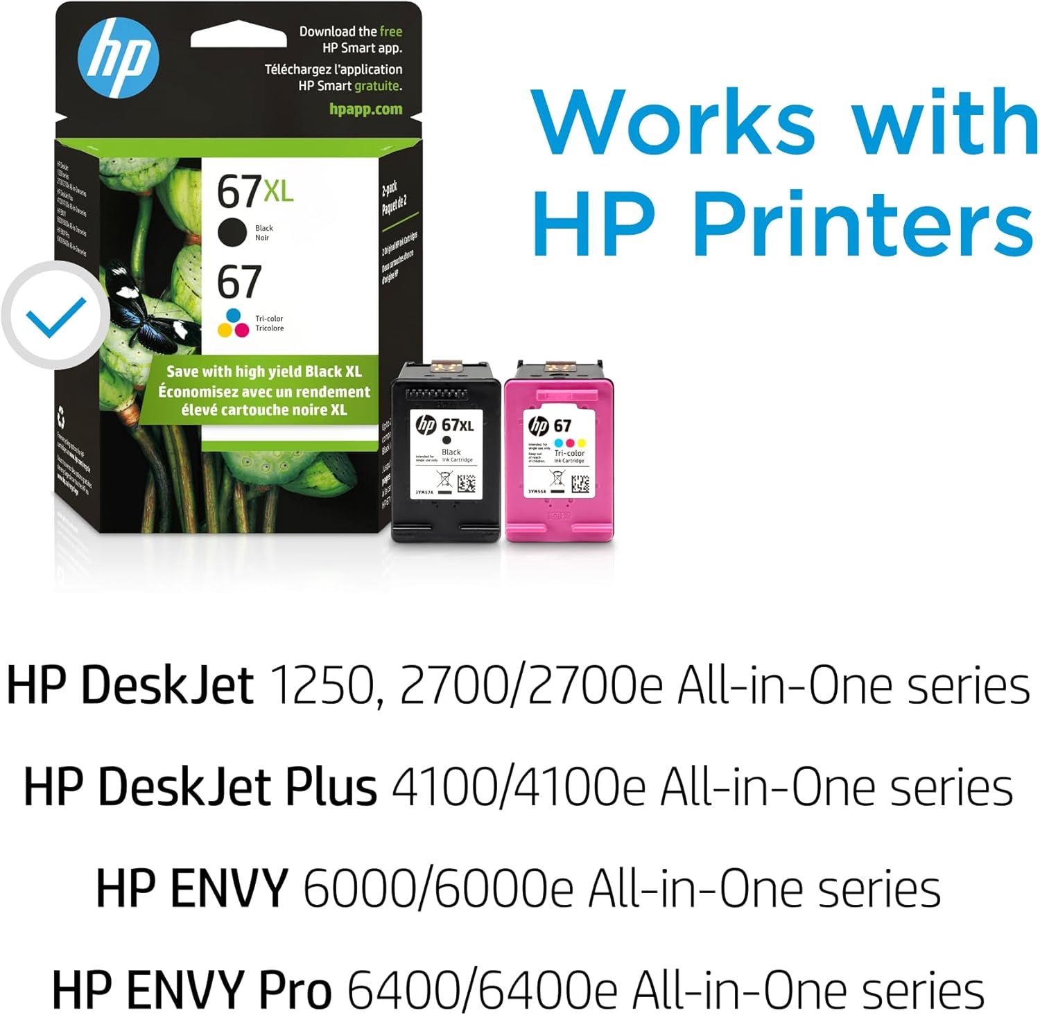 Demonstrates which HP printer models and series the ink cartridges are compatible with, helping shoppers confirm the product will work with their specific…