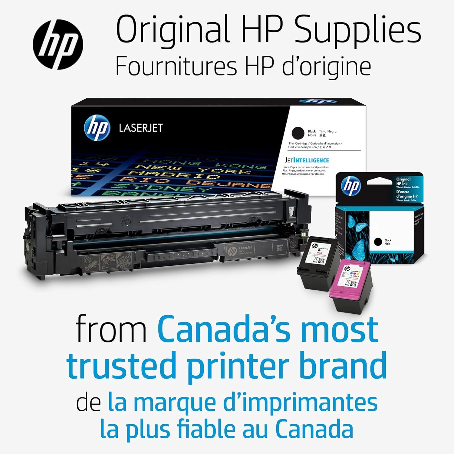 Reinforces HP's brand authority and authenticity by showcasing original HP supplies (LaserJet toner and ink cartridges) and positioning HP as Canada's most…