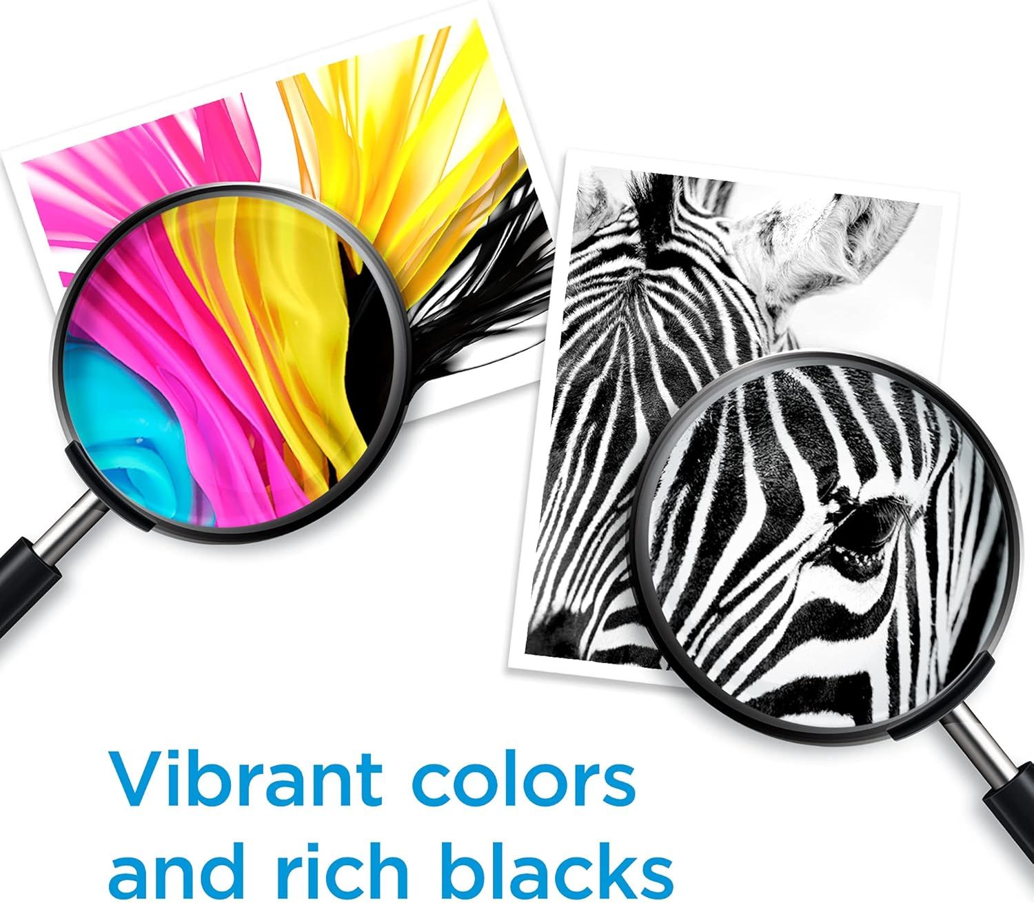 Communicates the product's ability to produce high-quality prints with vibrant, accurate colors and deep black tones, reassuring shoppers of superior print…
