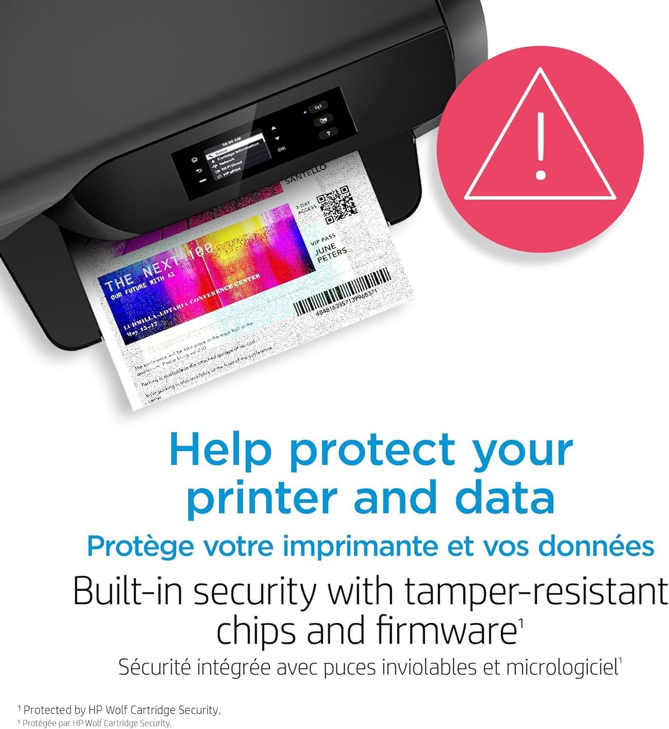 Communicates that the printer has built-in security features to protect the device and user data from tampering, reassuring shoppers about data safety and device integrity. Highlights the printer's…