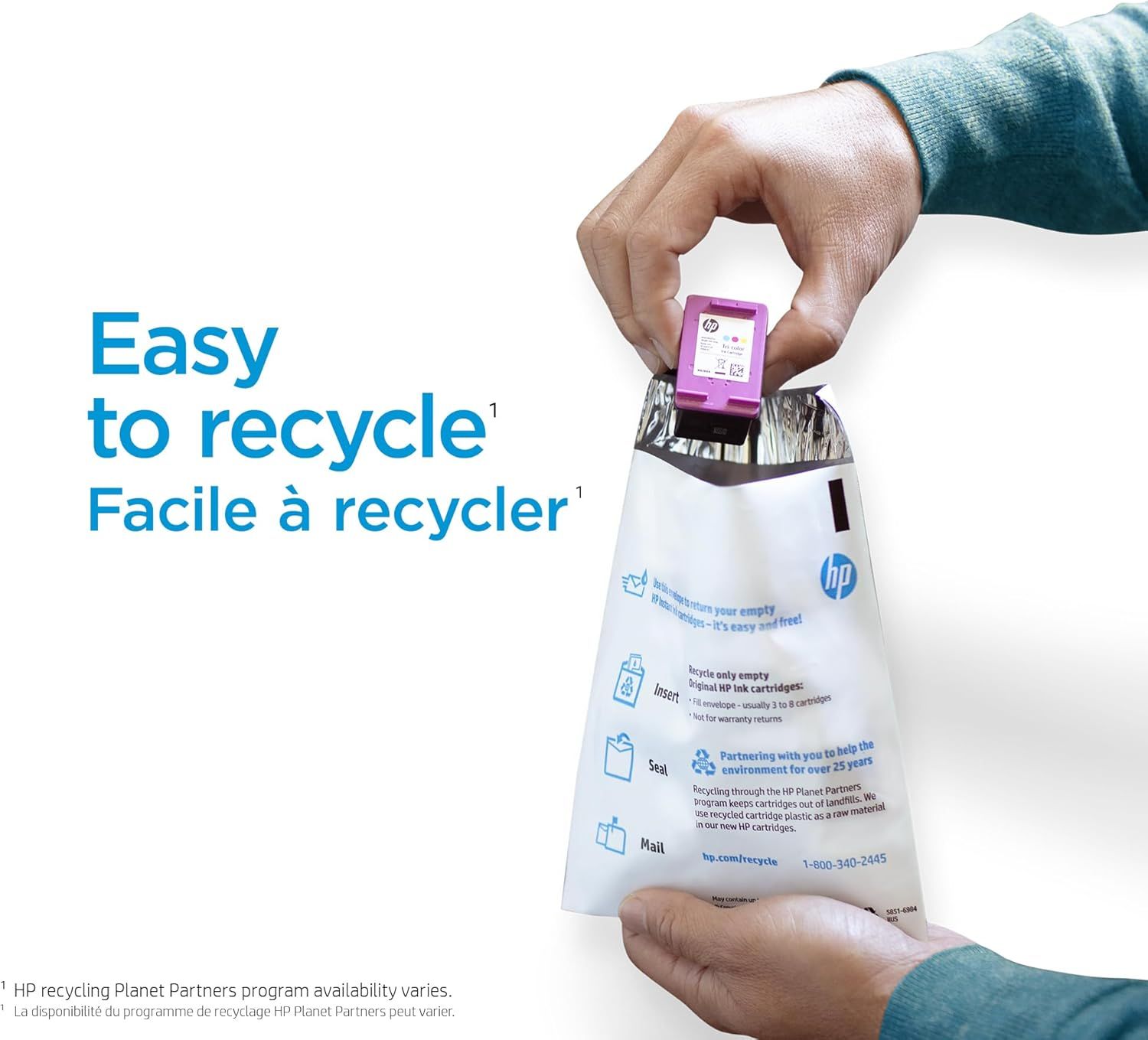 Communicates that HP ink cartridges are easy to recycle through the HP Planet Partners program, reassuring environmentally conscious shoppers that the product supports sustainability. Highlights the…