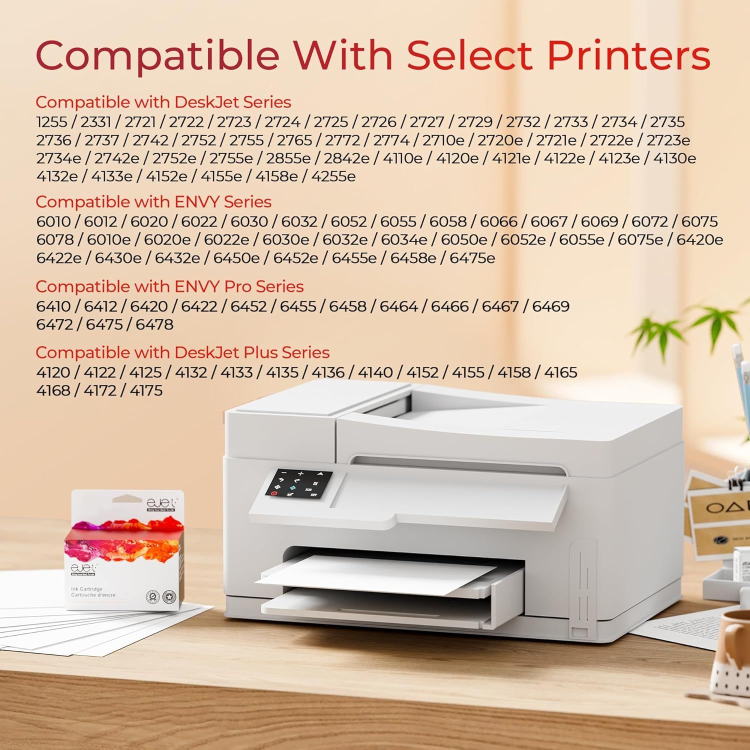 Demonstrates the extensive compatibility of the ink cartridge with multiple HP printer series (DeskJet, ENVY, ENVY Pro, DeskJet Plus) to reassure shoppers…