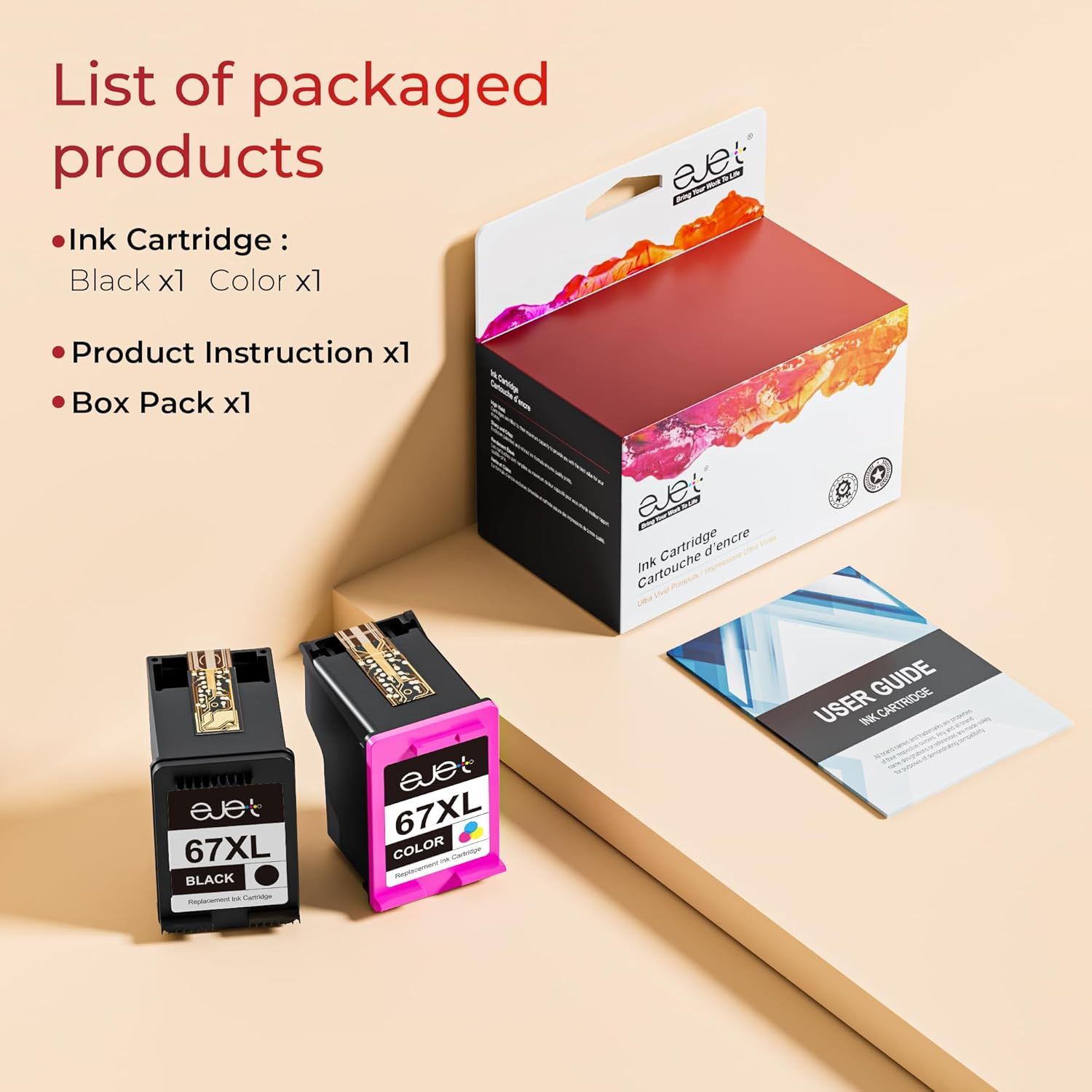 Shows everything included in the purchase—ink cartridges (black and color), product instruction manual, and box packaging—to set clear expectations for the…