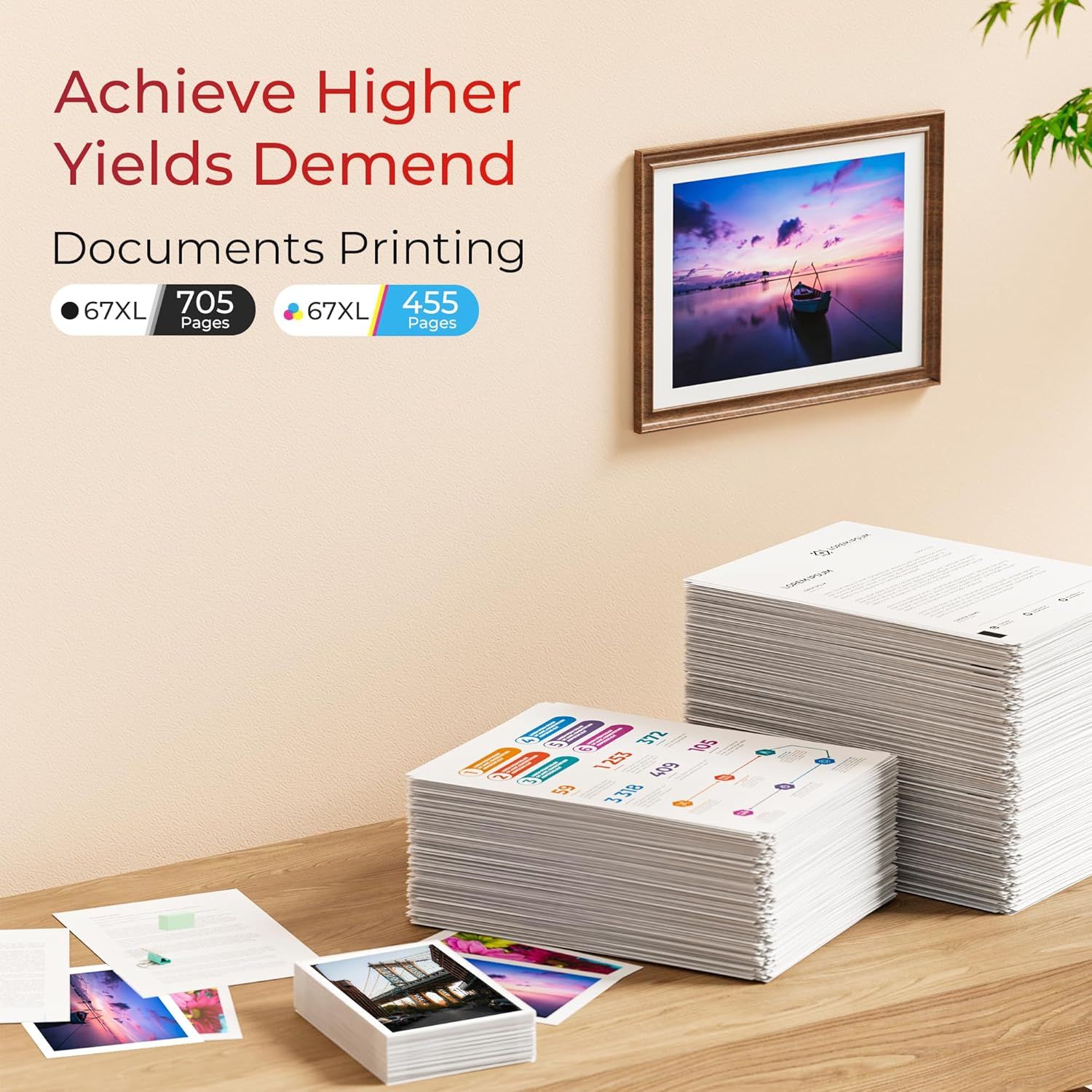 Communicates the impressive page yield capacity of the ink cartridges (705 pages black, 455 pages color) to demonstrate value and cost-effectiveness for…