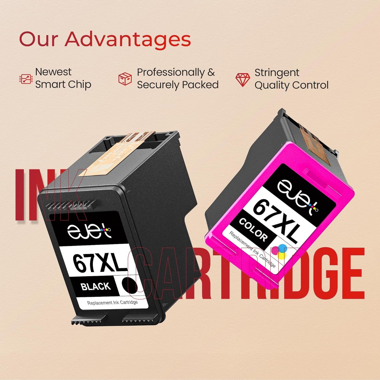 Communicates three distinct brand advantages to reassure shoppers about product technology, packaging quality, and quality control standards.
