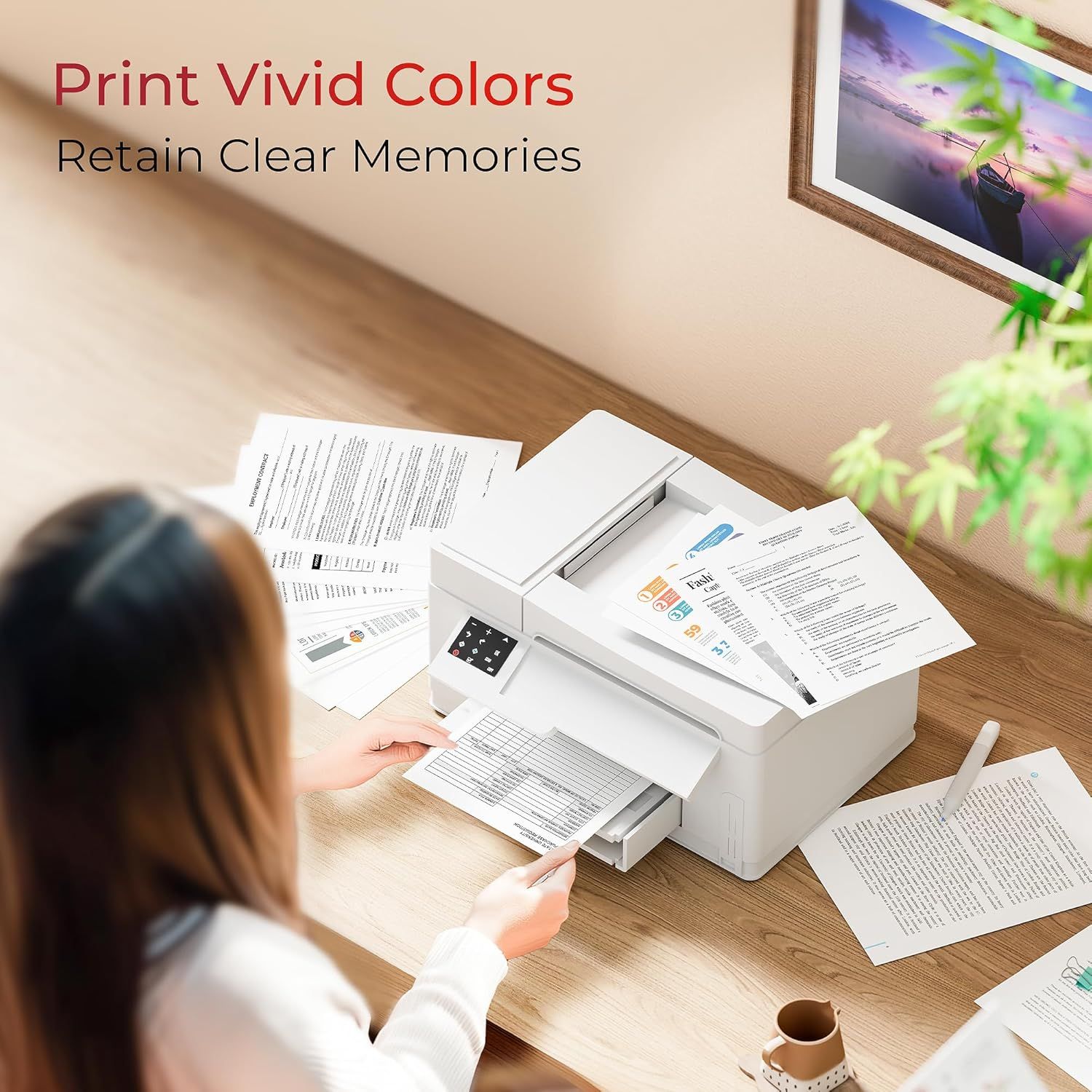 Highlights the printer's ability to produce vivid, high-quality color prints, emphasizing the benefit of preserving clear memories through superior print…