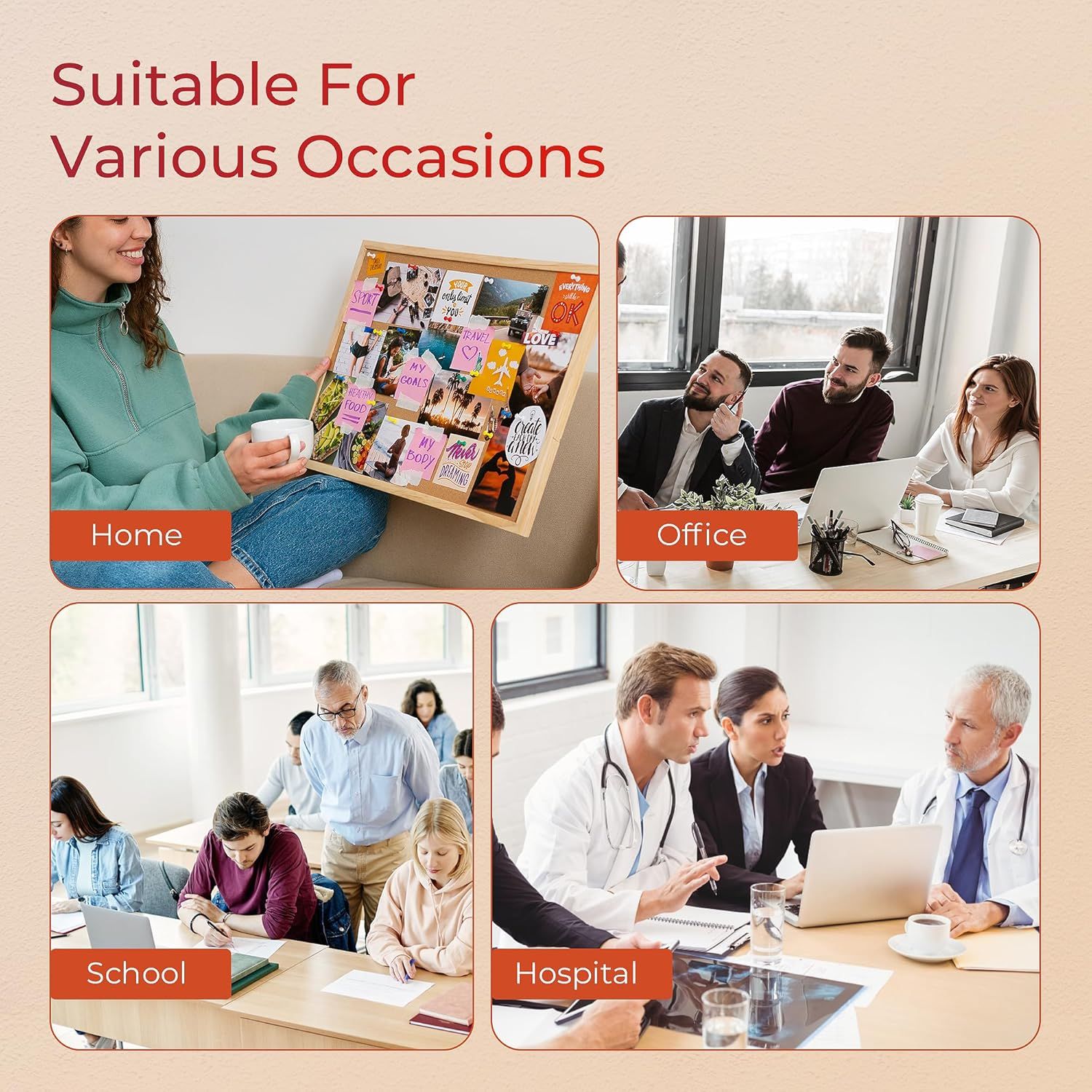 Demonstrates the product's versatility by showing it can be used in four different environments: home, office, school, and hospital settings, reassuring…