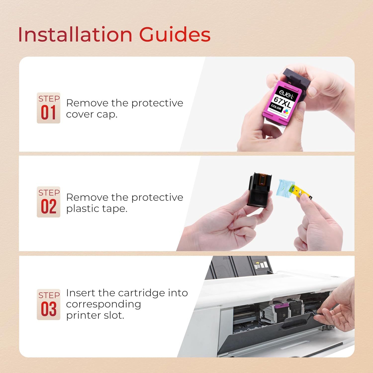 Provides step-by-step instructions for installing ink cartridges, showing shoppers exactly how to set up the product correctly and easily.