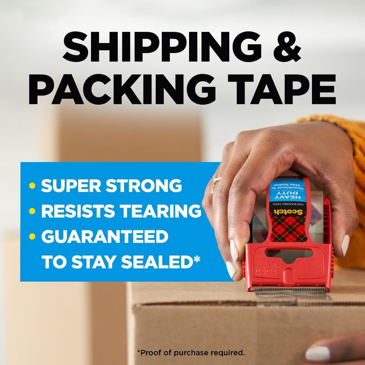 Communicates multiple key benefits of the packing tape (strength, tear resistance, and seal guarantee) to reassure shoppers of its reliability for shipping…