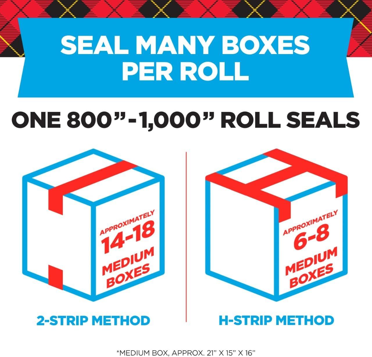 Communicates the high capacity of the product by showing how many medium boxes can be sealed per roll using different methods, helping shoppers understand…