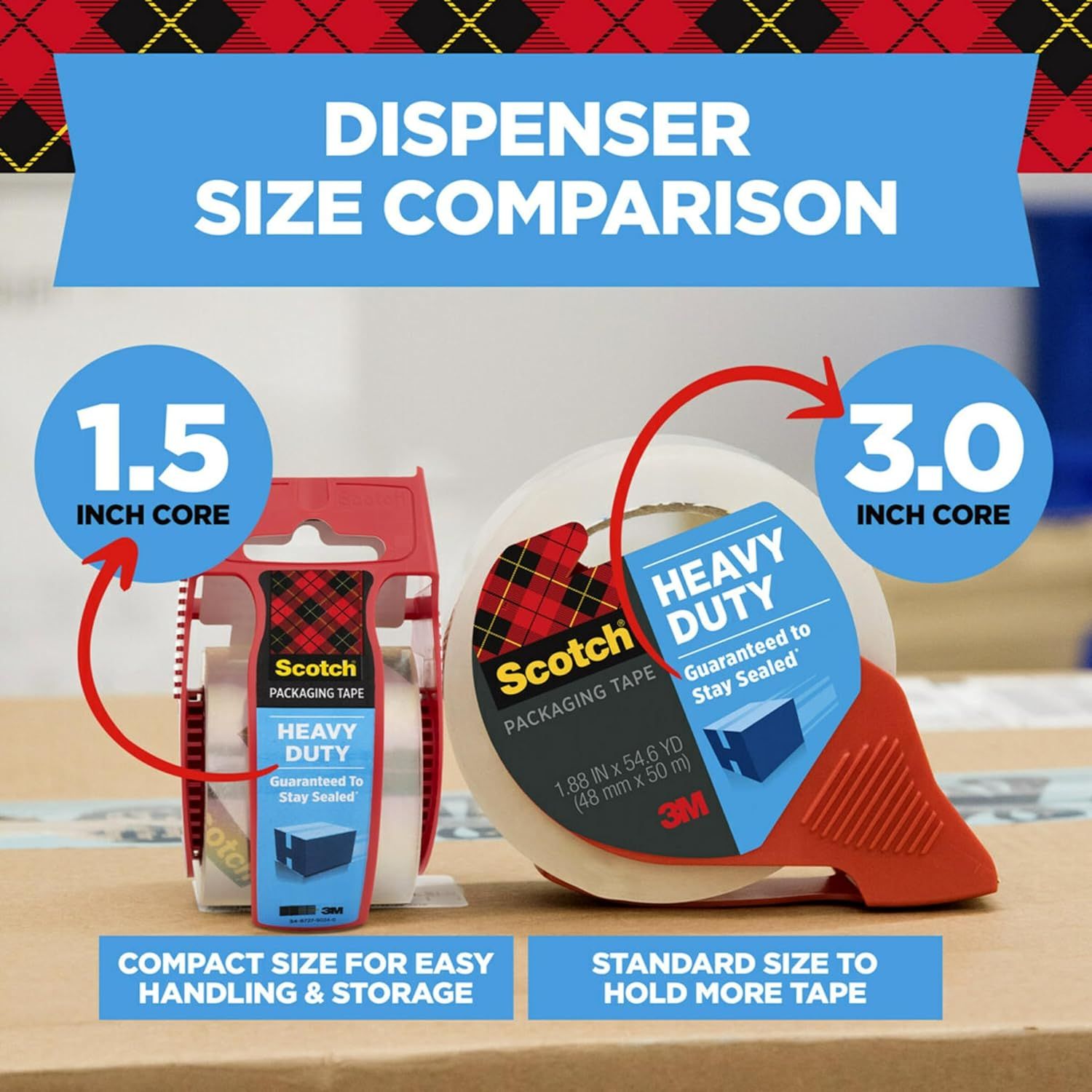 Shows shoppers the two different dispenser sizes available in the Scotch Heavy Duty packaging tape line, helping them choose between compact portability and…