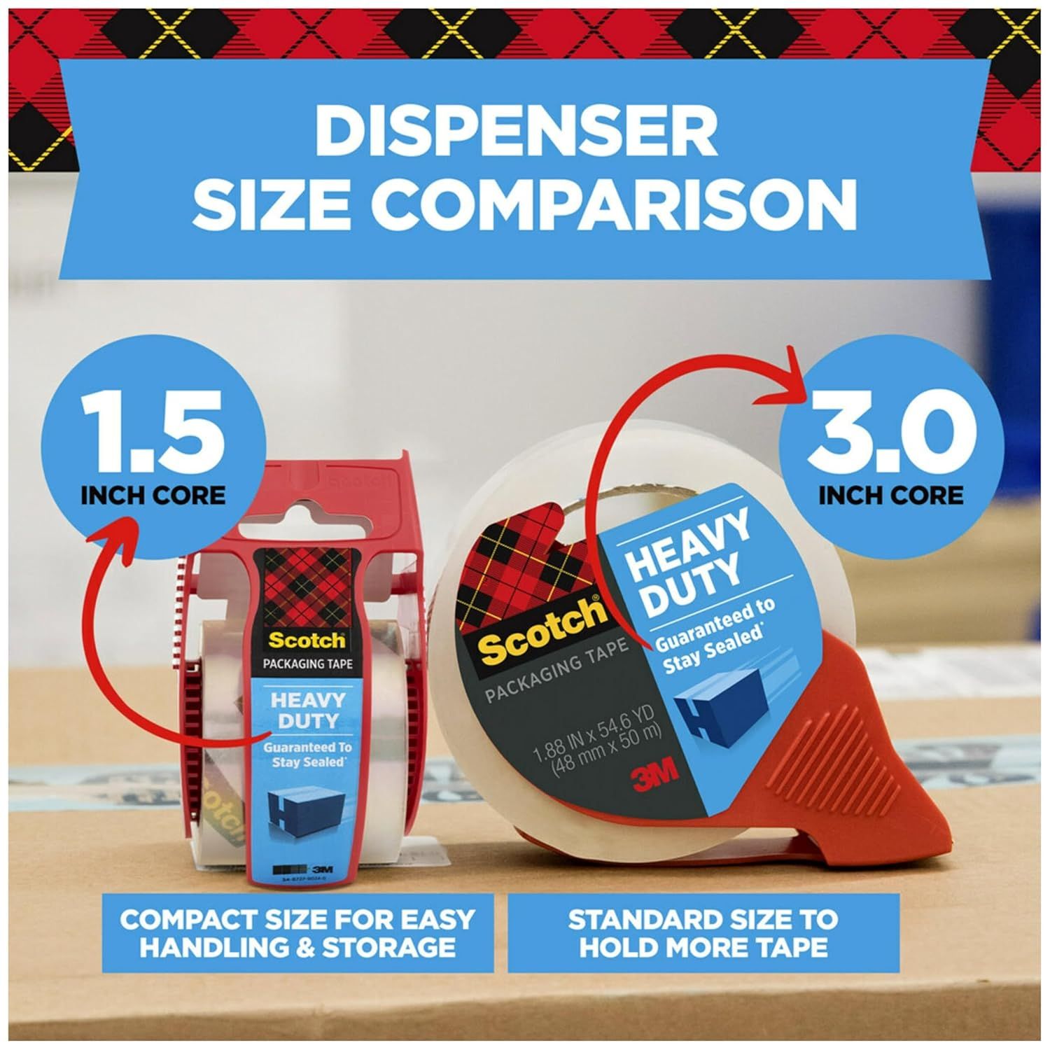Shows the brand's two dispenser size options side-by-side to help shoppers choose between the compact 1.5-inch core and the standard 3.0-inch core based on…