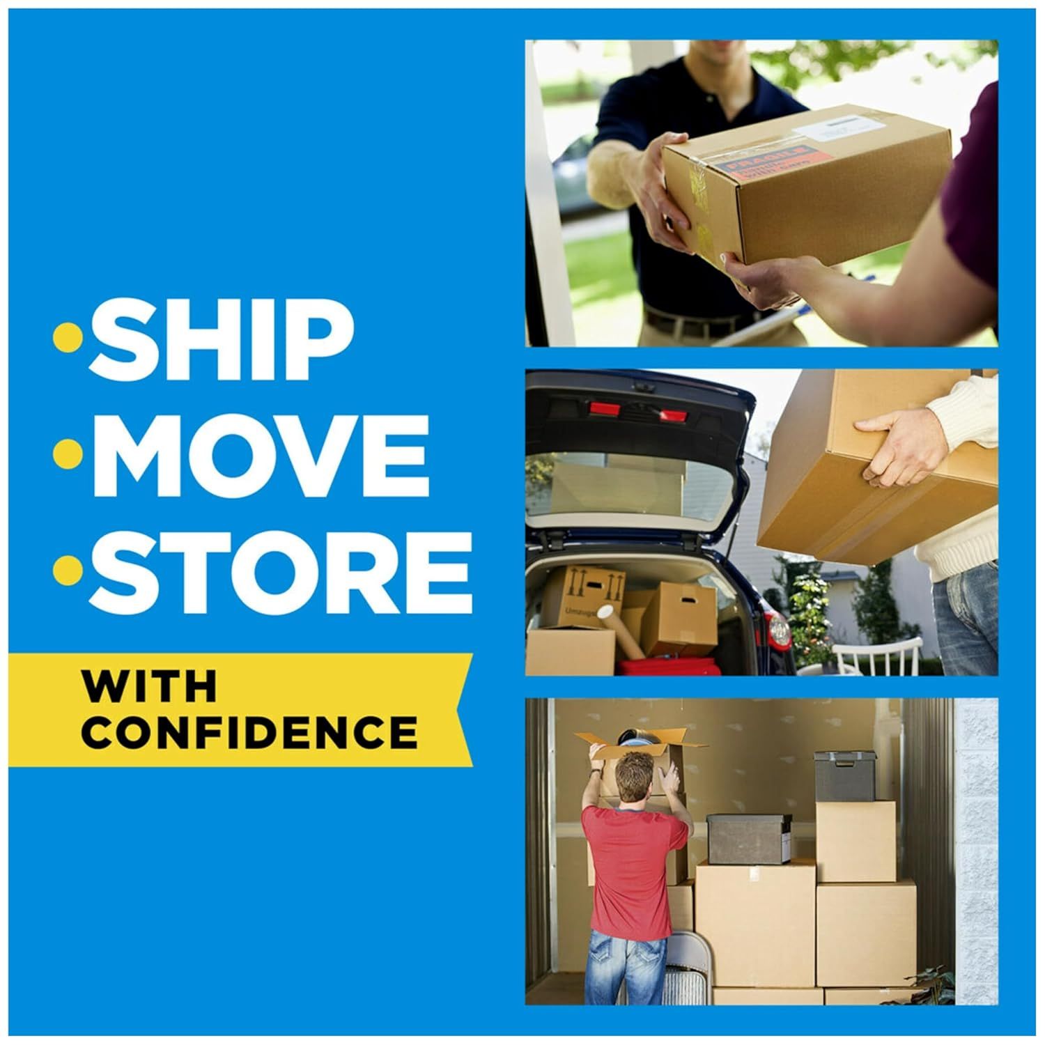 Demonstrates the product's versatility across three distinct scenarios—shipping packages, moving belongings, and storing items—to show shoppers it can handle…
