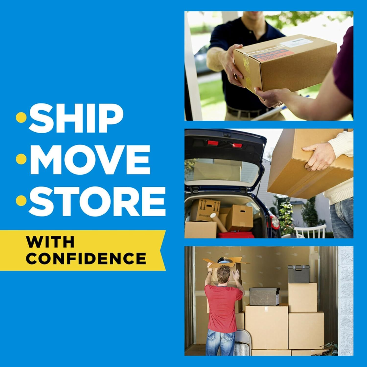 Demonstrates the product's versatility across three distinct scenarios—shipping packages, moving belongings, and storing items—to show shoppers it can handle various logistics needs with confidence.