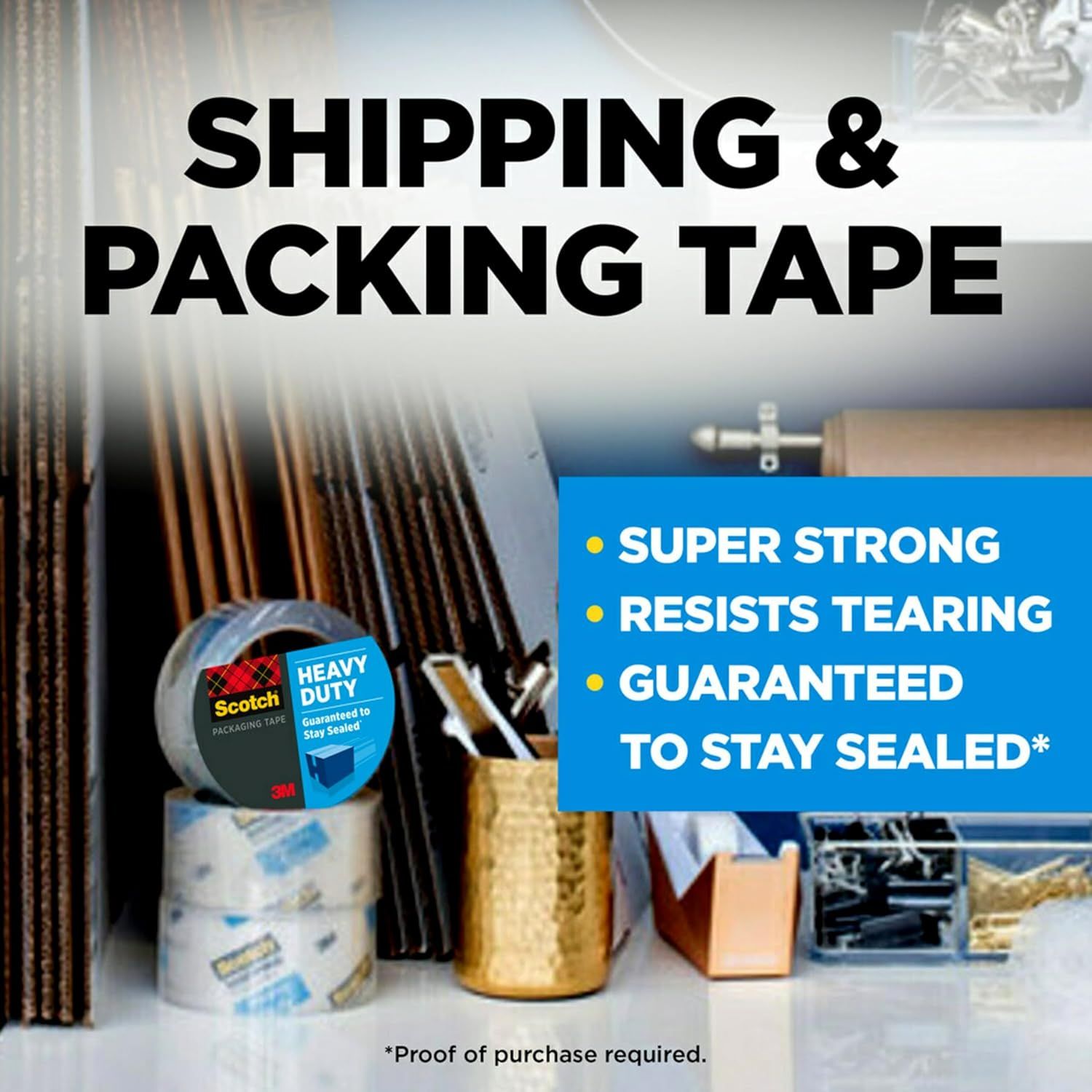 Communicates multiple key benefits of the packing tape (strength, tear resistance, and seal guarantee) to reassure shoppers of its reliability for shipping…
