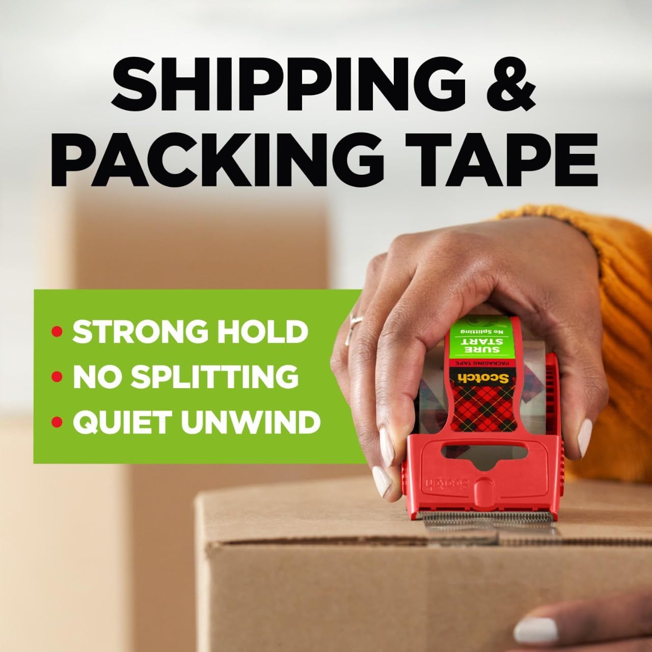 Communicates three distinct benefits of the packing tape in a bulleted list format to reassure shoppers that the product is reliable, durable, and easy to use.