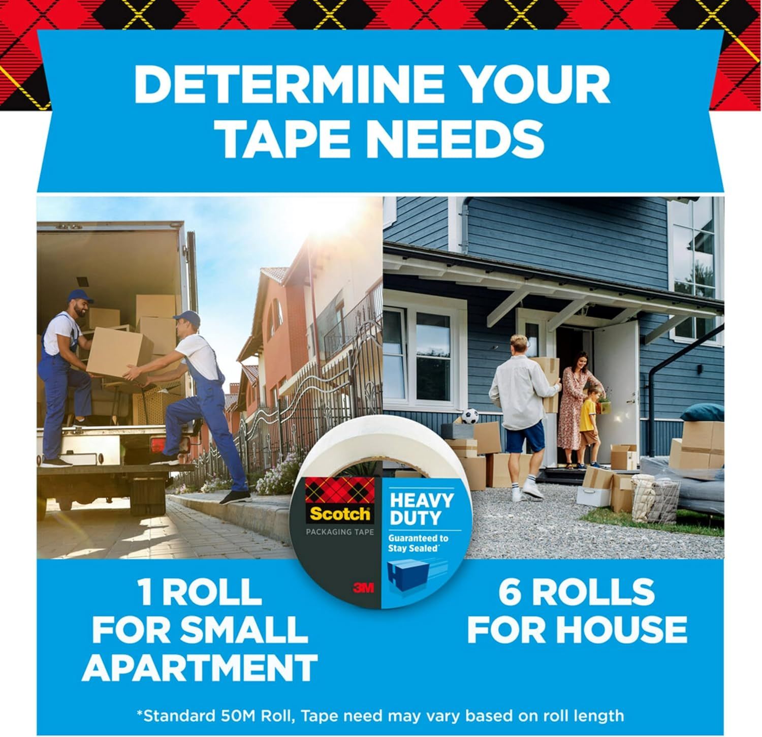 Helps shoppers determine how many rolls of Scotch packaging tape they need based on their moving scenario (apartment vs. house), positioning the brand as a…