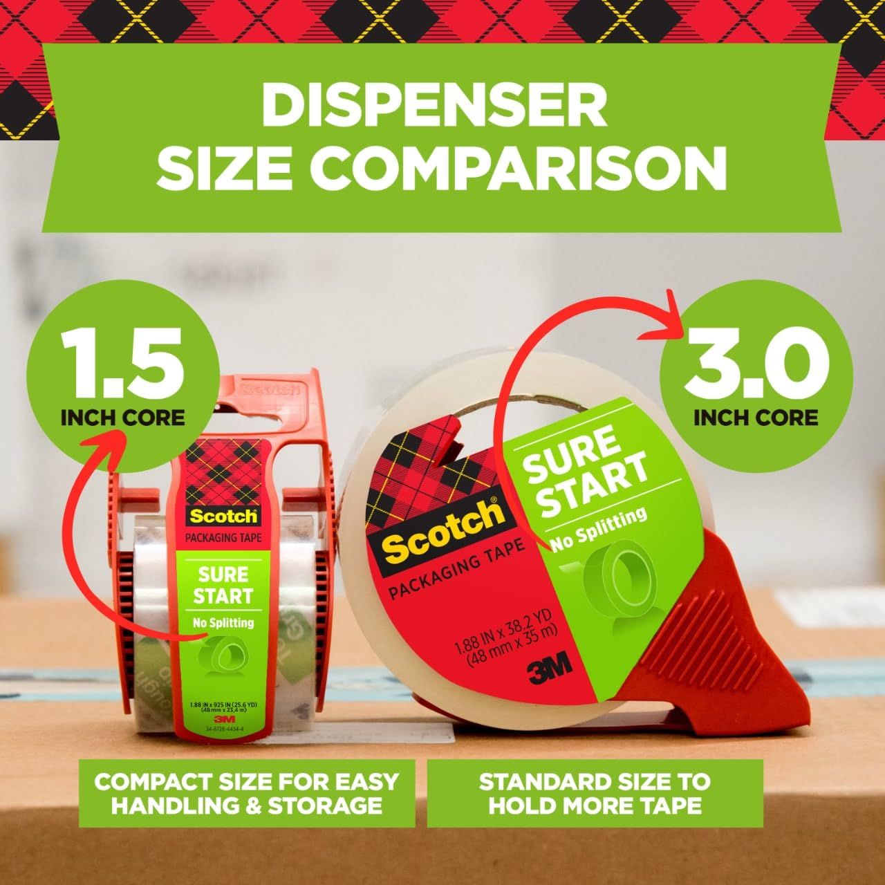 Shows shoppers the two different dispenser sizes available in the Scotch product line, helping them choose between compact (1.5 inch core) and standard (3.0…