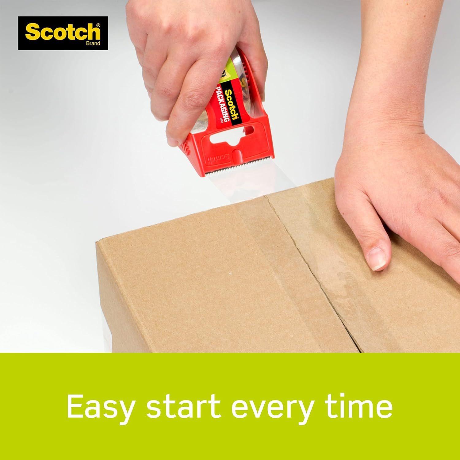 Demonstrates how simple and effortless it is to use the Scotch packaging tape dispenser, reassuring shoppers that the product is user-friendly and convenient for everyday tasks. Highlights the…