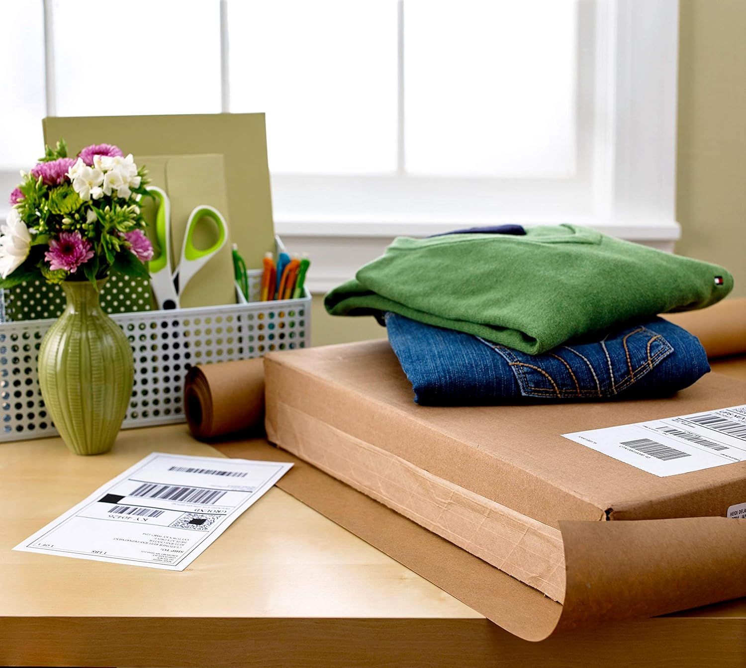 Shows the customer everything they will receive in their order, including the clothing items, packaging box, shipping label, and additional materials to set clear expectations about the complete…