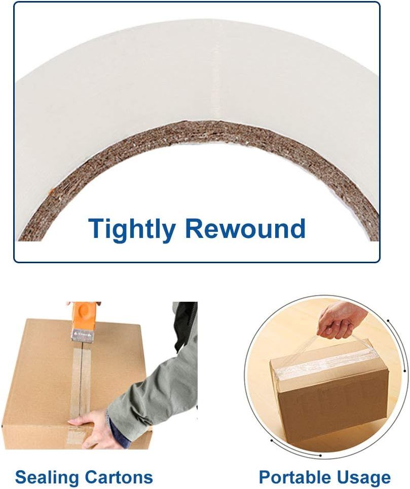 Communicates three distinct benefits of the packing tape in a segmented layout: the tape's tight rewound construction, its effectiveness for sealing cartons,…