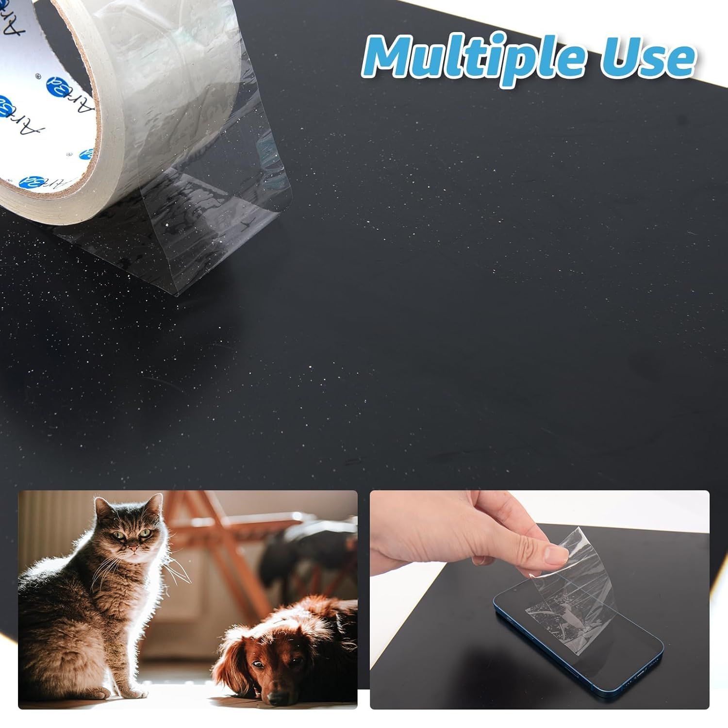 Demonstrates the product's versatility by showing two distinct use cases: removing pet hair from furniture and protecting phone screens, reassuring shoppers…