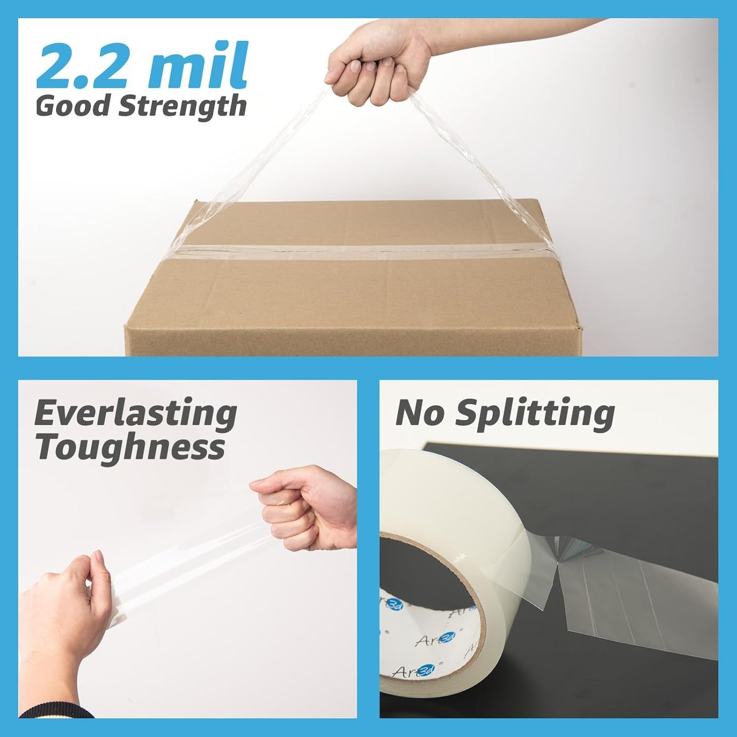 Communicates the product's durability and strength through multiple distinct benefit claims, reassuring shoppers that this packaging tape is strong,…