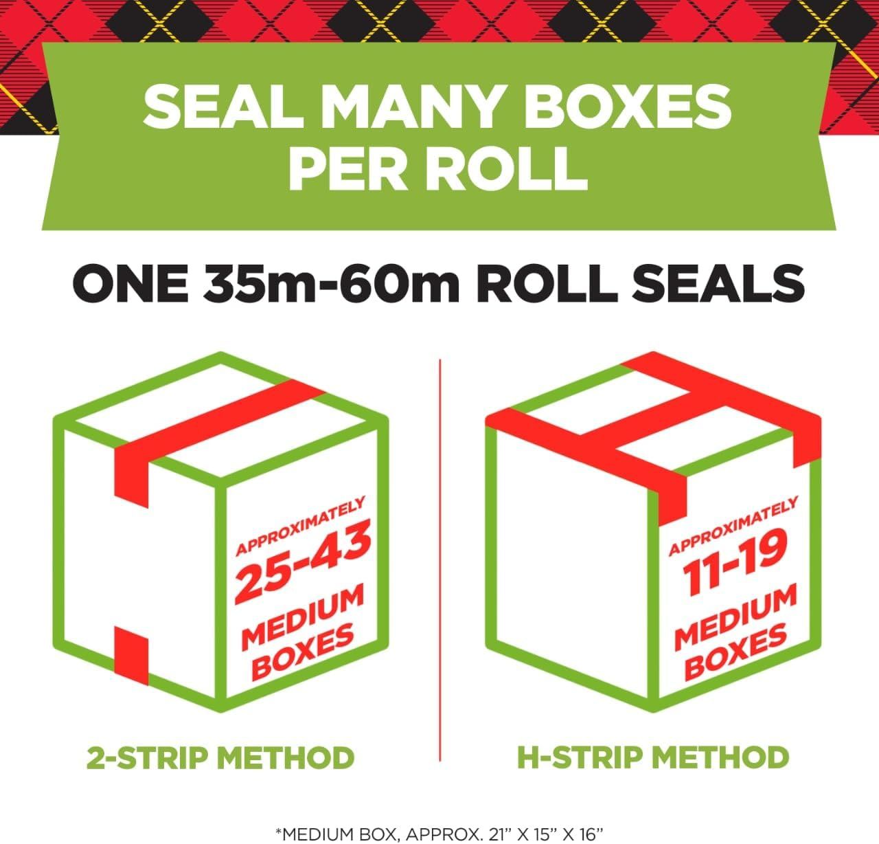Communicates the quantifiable efficiency of the product by showing how many medium boxes can be sealed per roll using different methods, helping shoppers…