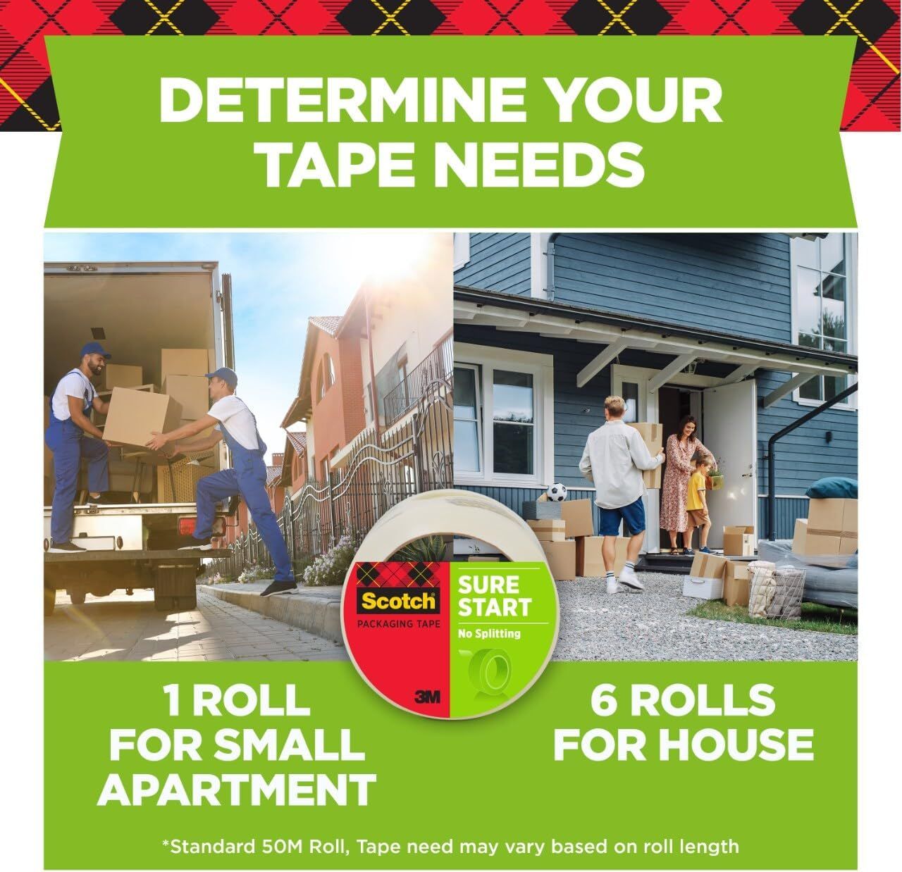 Helps shoppers determine how many rolls of Scotch packaging tape they need based on their moving scenario (apartment vs. house), providing practical purchase…