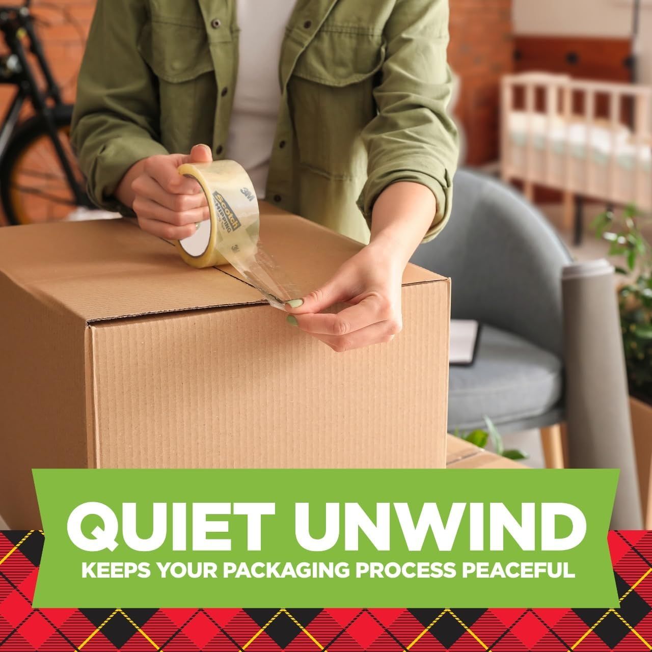 Communicates that the packing tape operates quietly, making the packaging process peaceful and stress-free for the user.