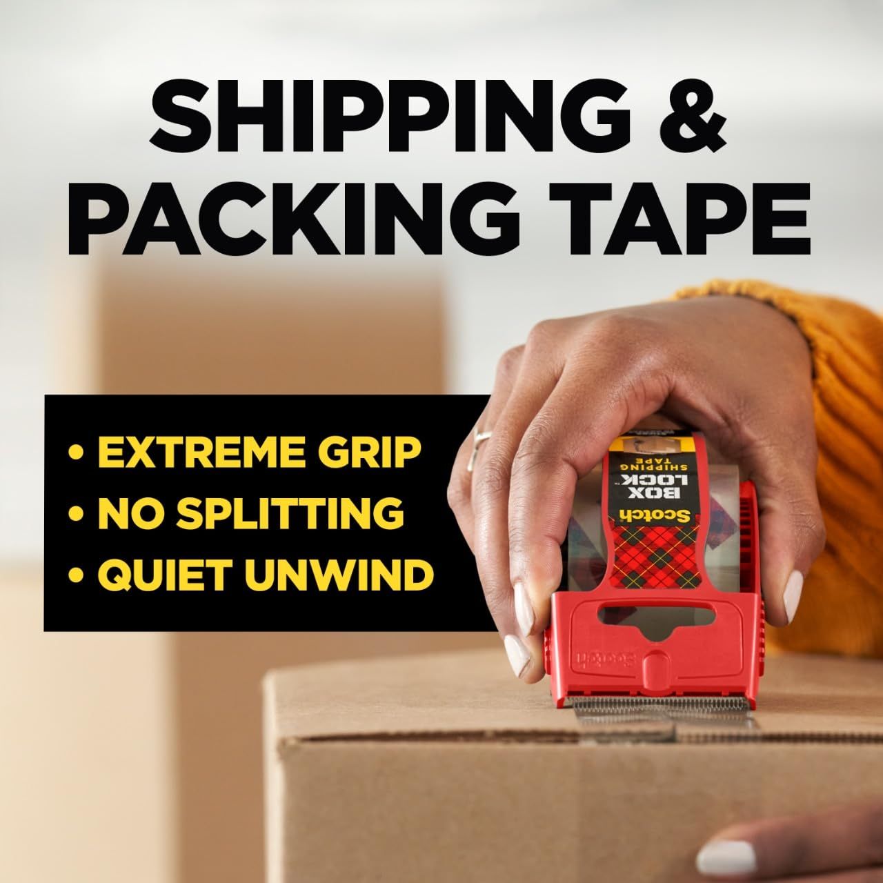 Communicates three distinct benefits of the packing tape in a segmented layout to reassure shoppers of its superior performance and ease of use.