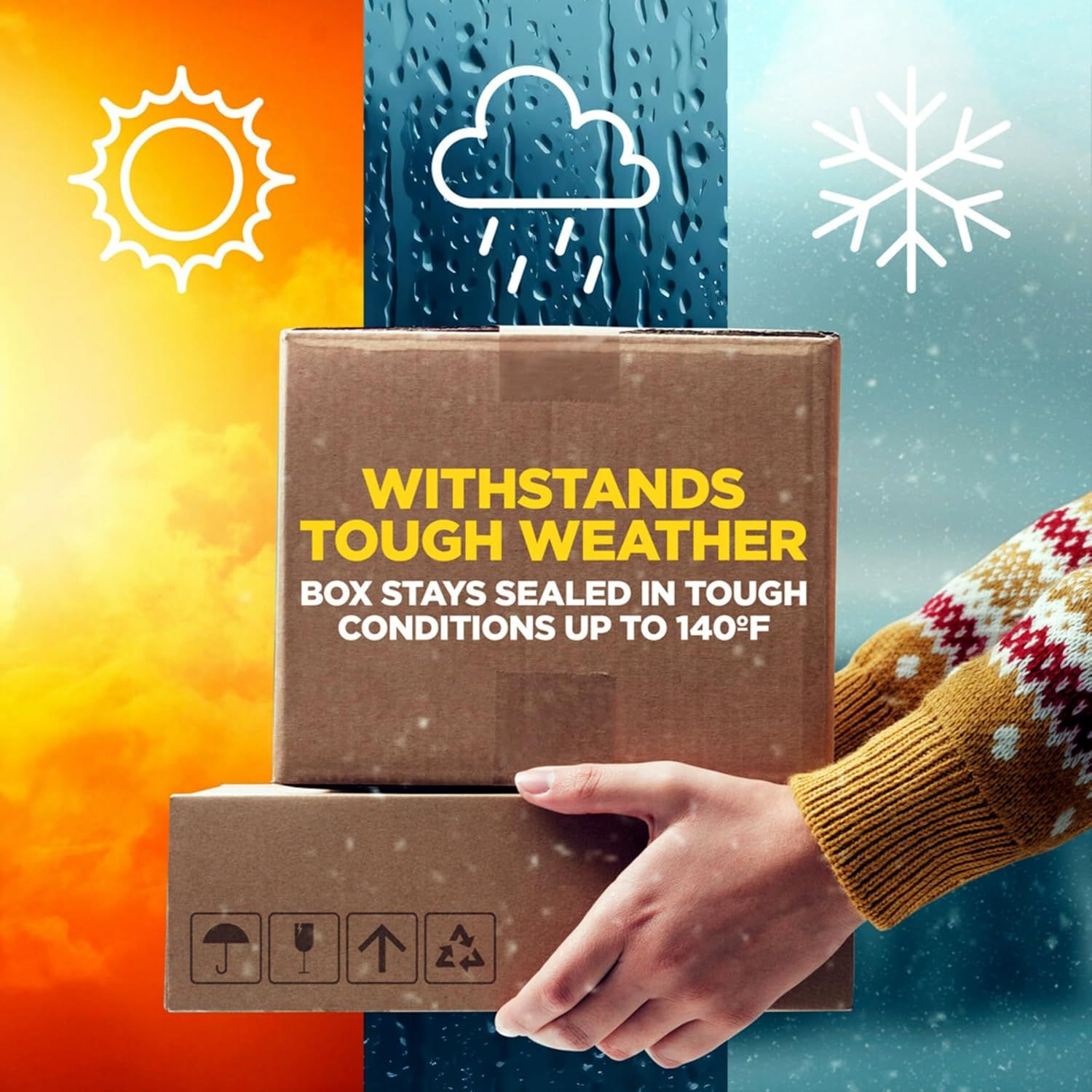 Demonstrates that the packaging can withstand multiple extreme weather conditions (sun, rain, snow) and maintain seal integrity up to 140°F, reassuring…