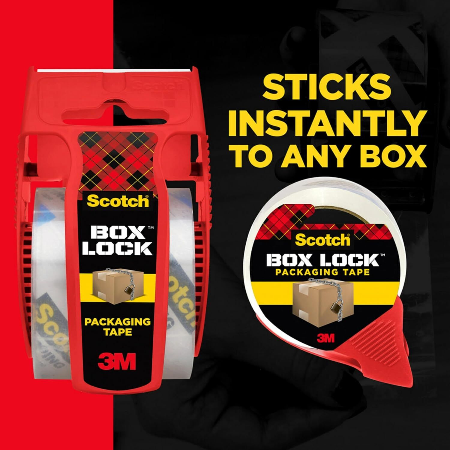 Communicates that the packaging tape sticks instantly to any box, emphasizing ease of use and strong adhesion for secure packaging.