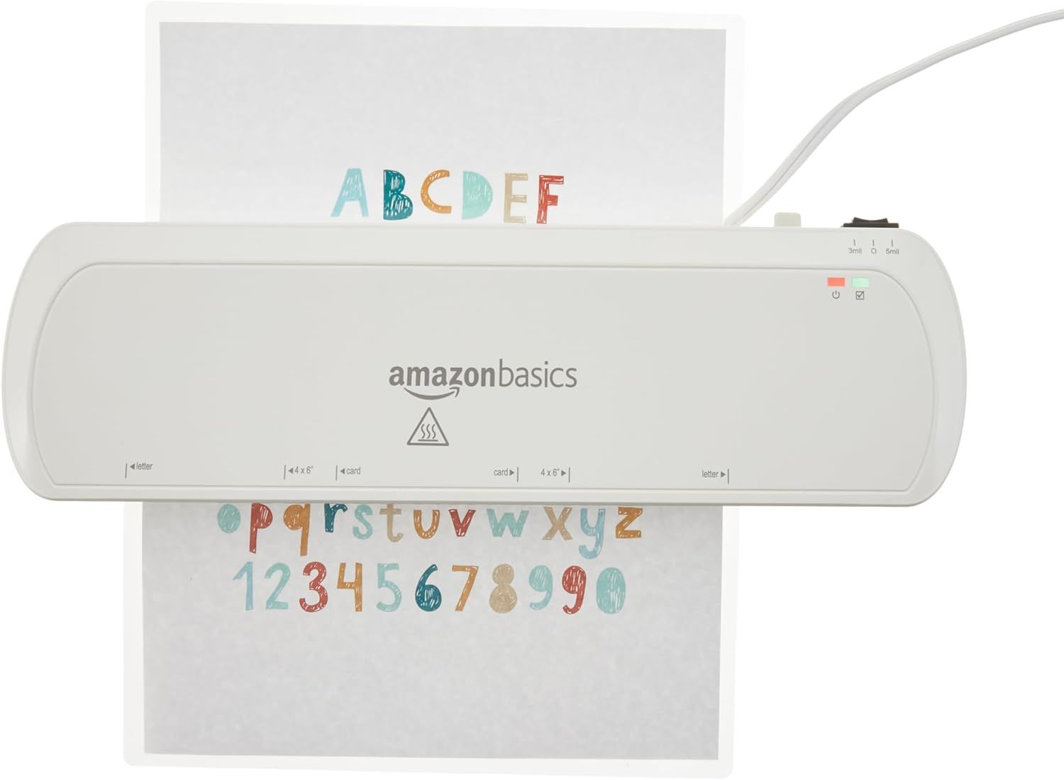 Provides a clean, catalog-style product image showing the AmazonBasics laminator in use with a sample document, allowing shoppers to see the product clearly…