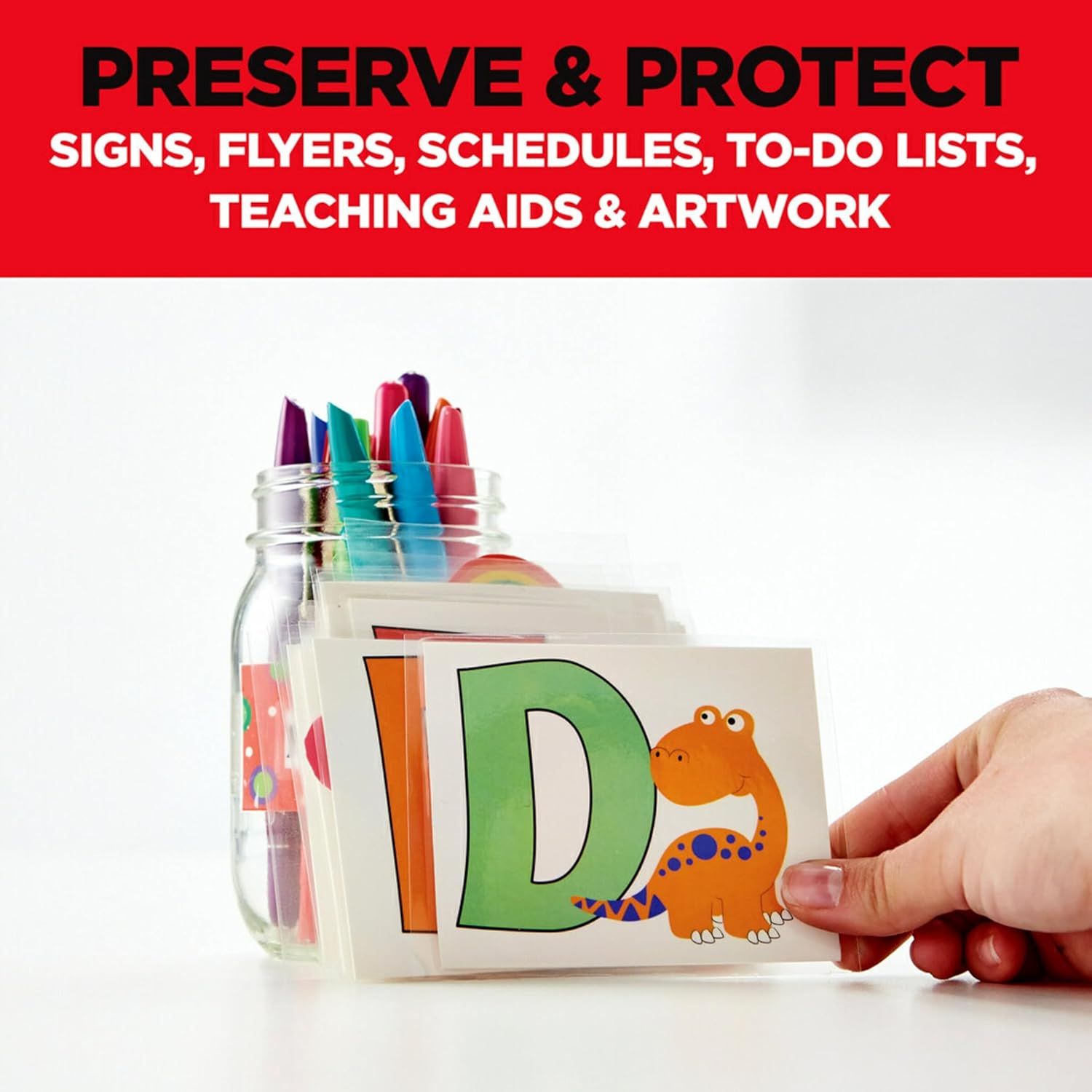 Demonstrates the product's versatility by showing it can be used to preserve and protect various types of educational and organizational materials including…