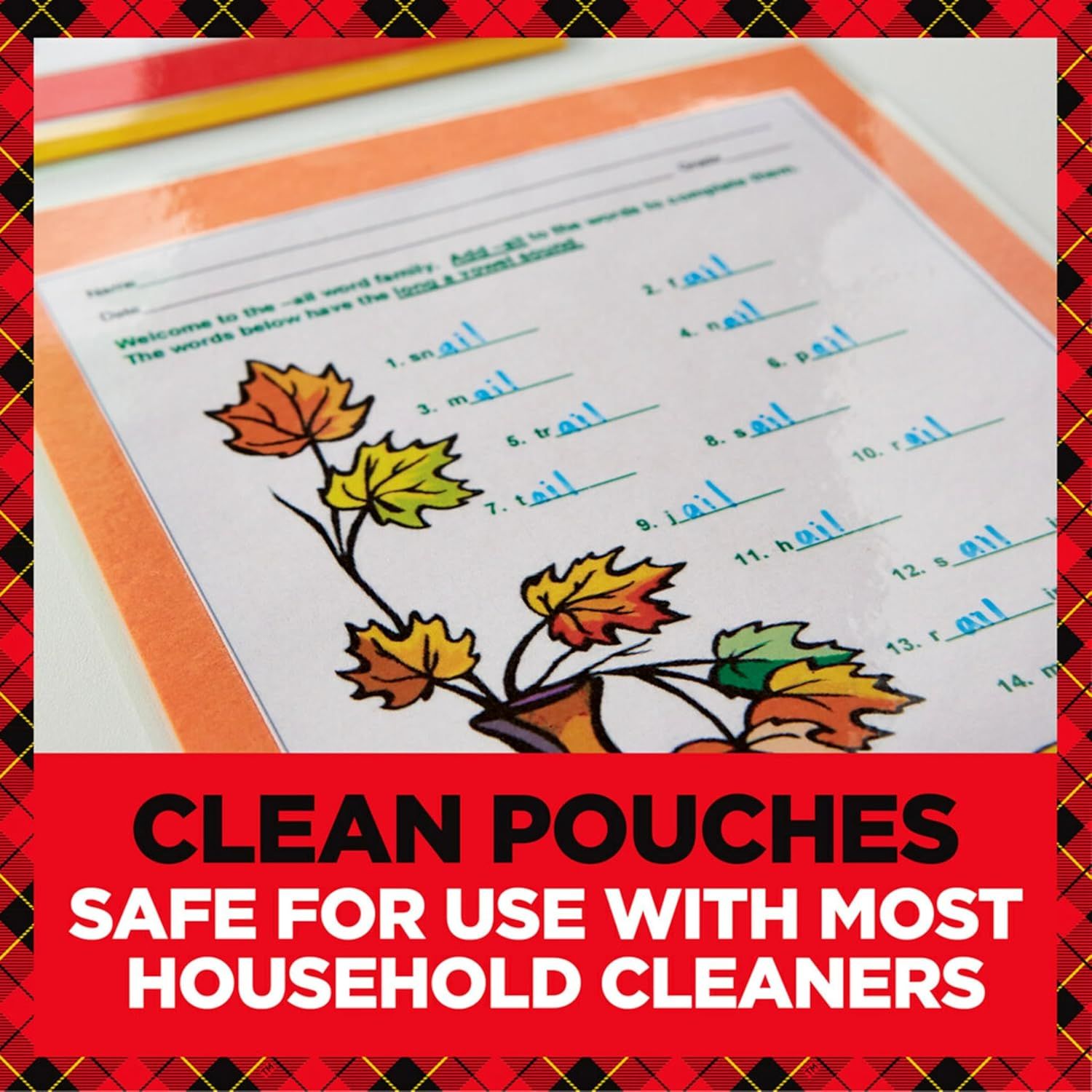 Reassures shoppers that the laminating pouches are chemically resistant and safe to clean with common household cleaning products, addressing durability and…