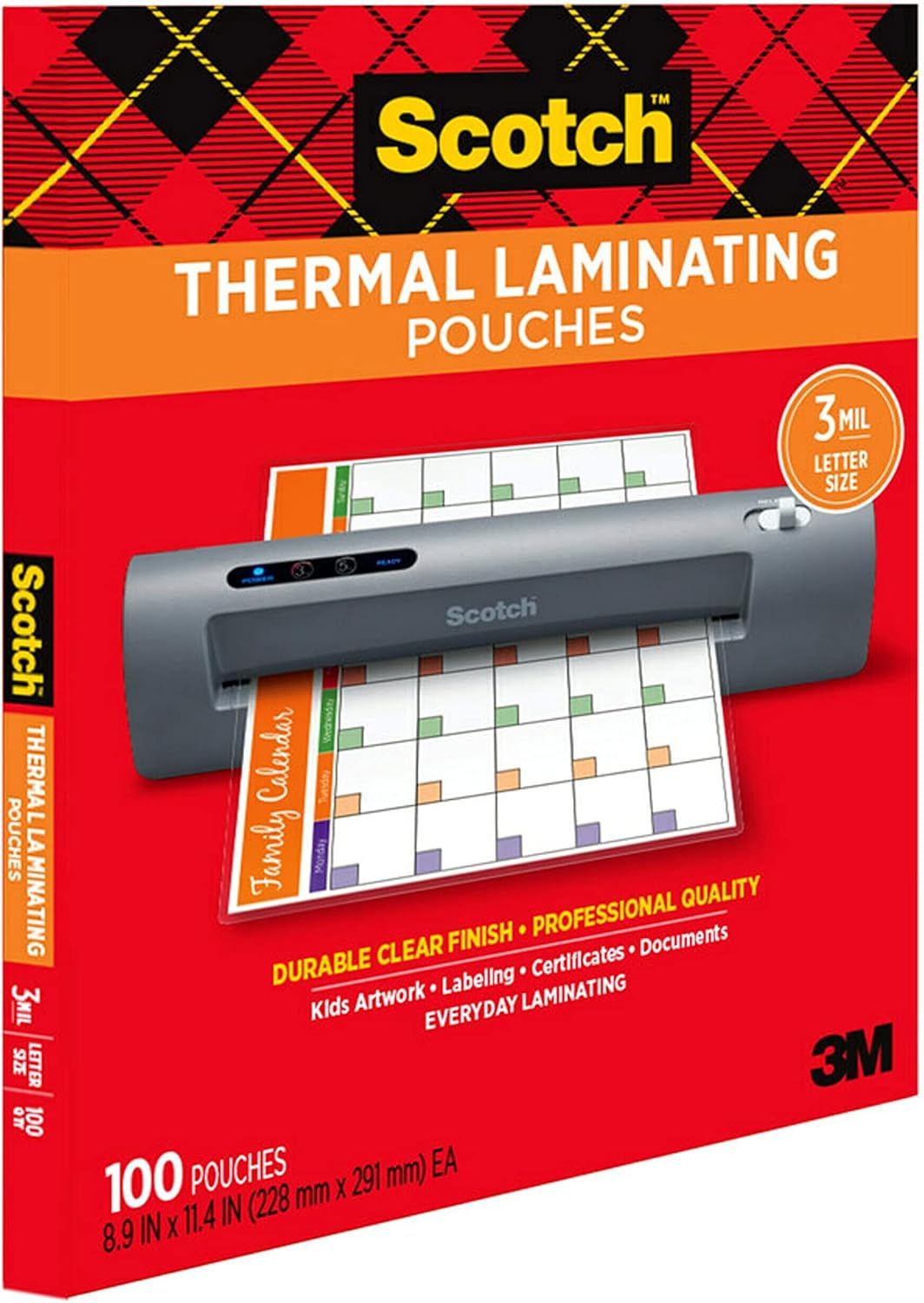 Communicates multiple selling benefits of the laminating pouches including durability, professional quality finish, and versatility across various everyday…