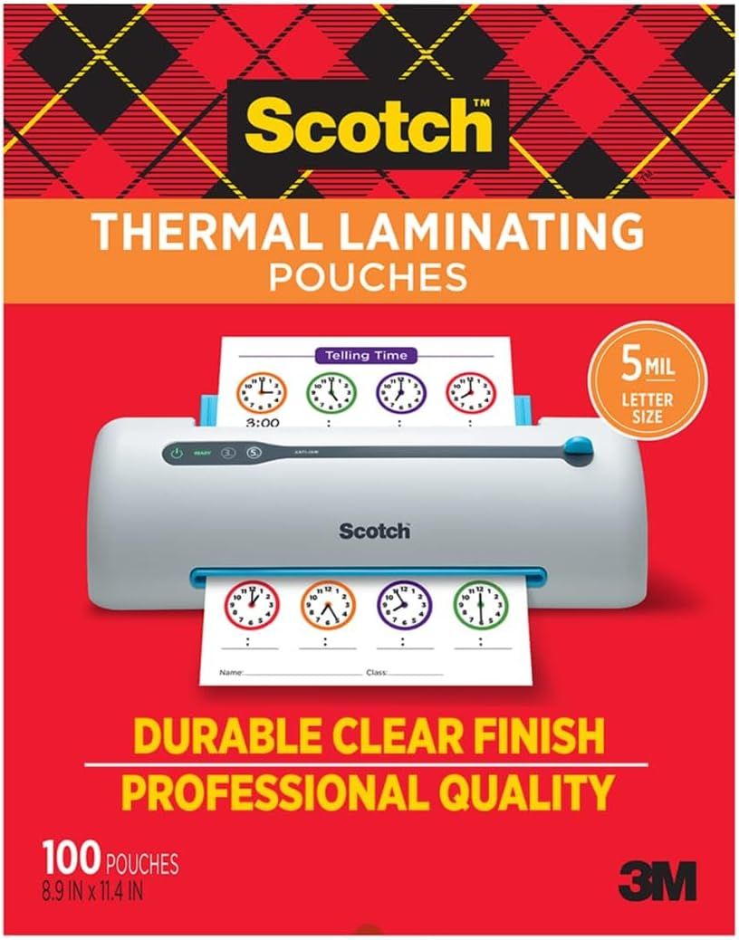 Communicates multiple key selling points of the thermal laminating pouches including durability, professional quality, size specification, and quantity to…