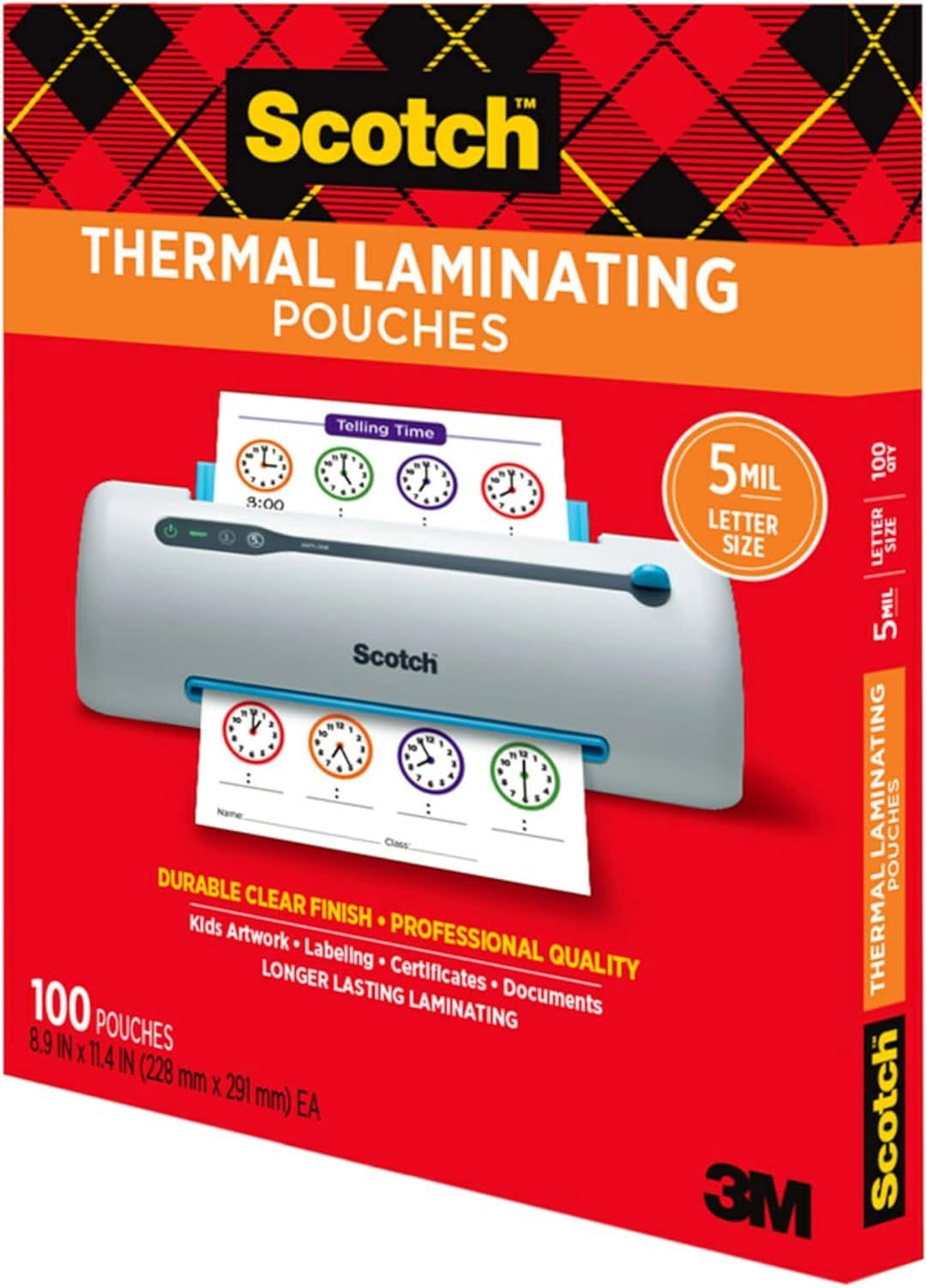This is a clean product packaging shot showing the Scotch Thermal Laminating Pouches box on a white background with no additional text, graphics, or design…