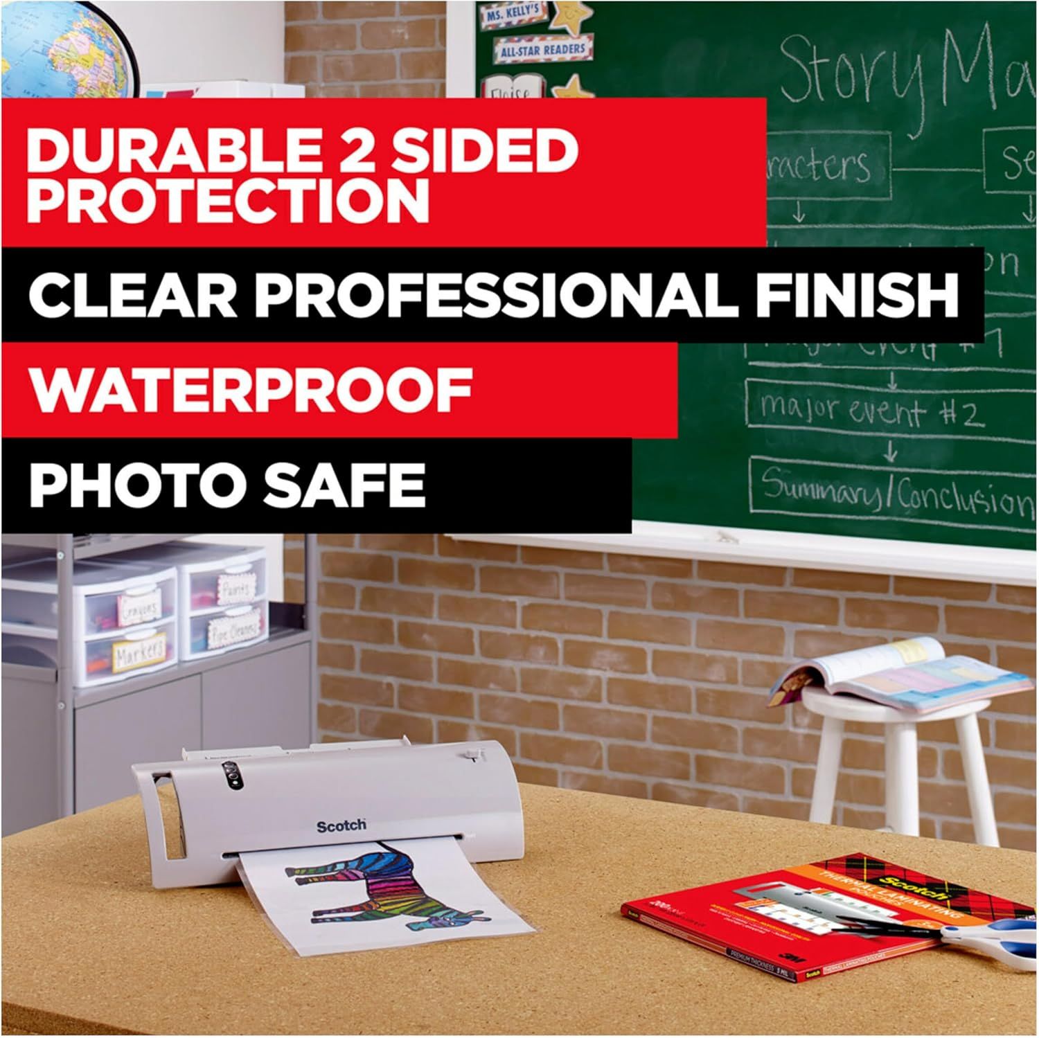 Communicates multiple key benefits of the laminating product in a segmented layout to reassure shoppers about durability, professional quality, water…