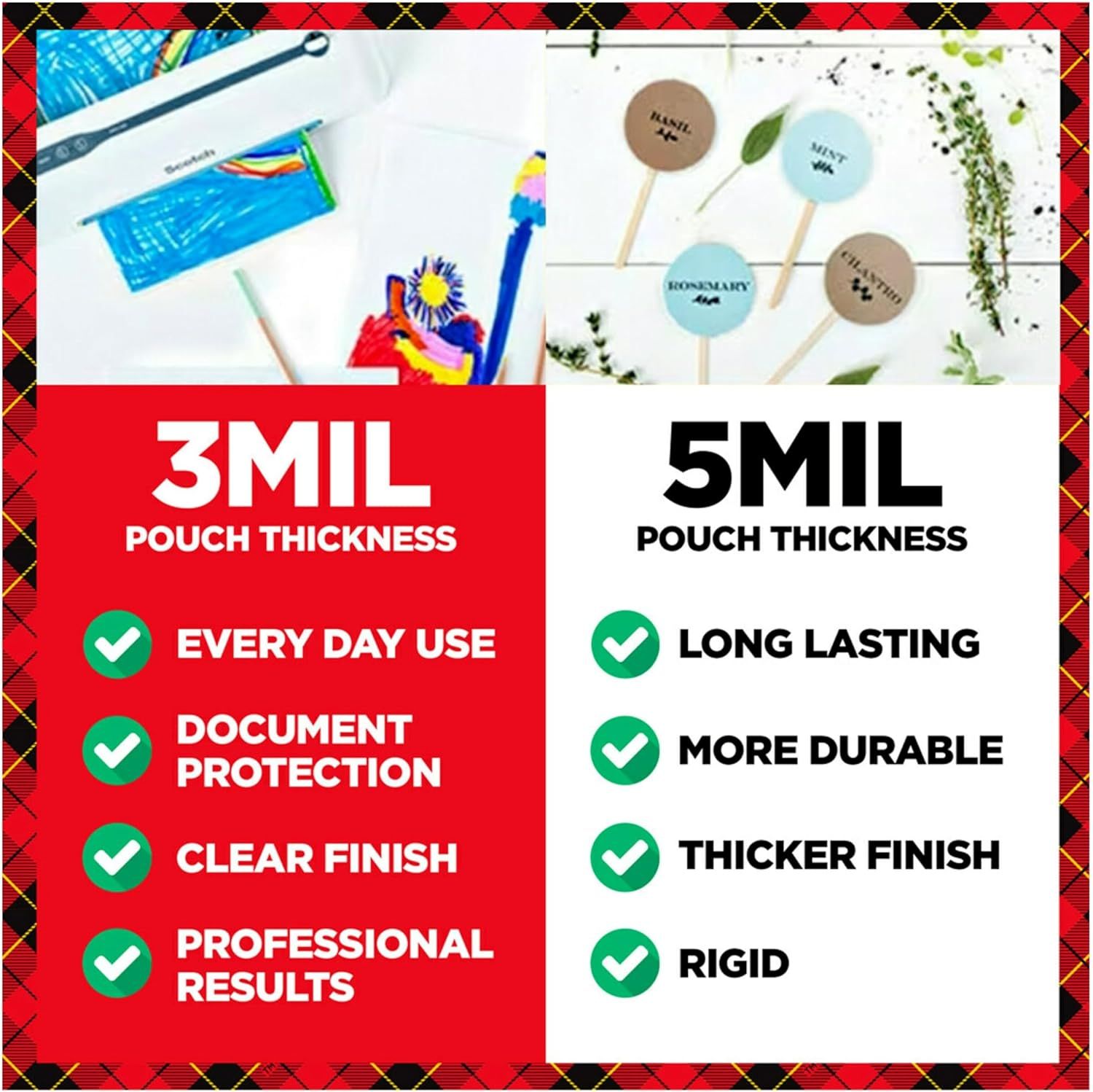 Compares two product variants side-by-side to help shoppers understand the differences between 3MIL and 5MIL laminating pouches, showing which thickness is best for everyday use versus heavy-duty…