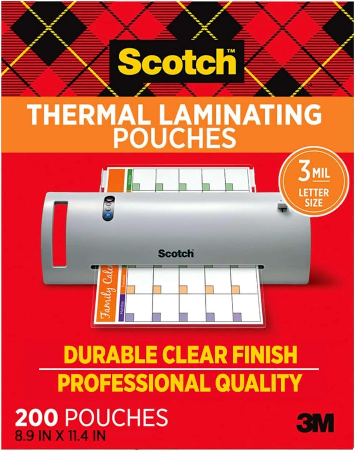 Communicates multiple key selling benefits of the laminating pouches including durability, professional quality finish, and specific sizing to help shoppers…