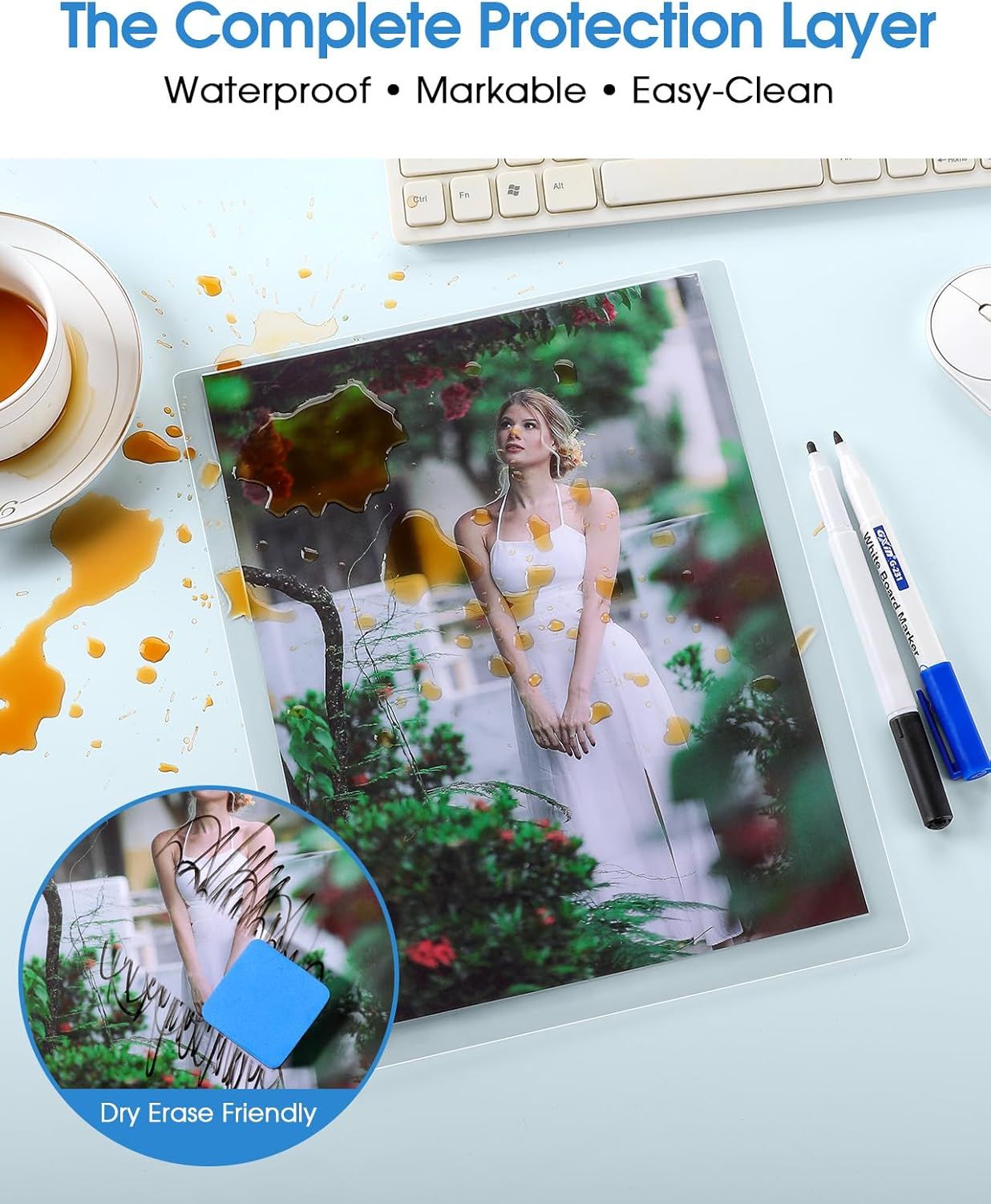 Demonstrates multiple protective features of the product layer, showing it can withstand liquid spills, be written on with markers, and easily cleaned,…