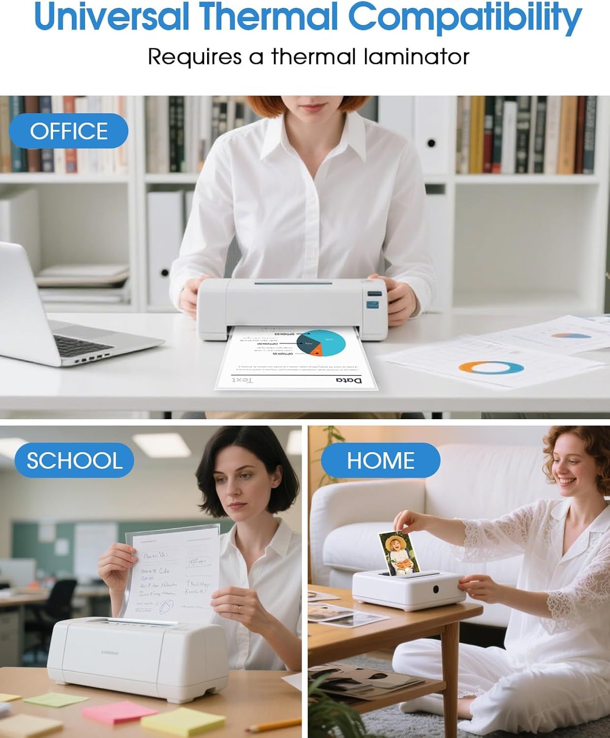 Demonstrates the product's versatility by showing it can be used in three different environments—office for business documents, school for assignments, and…