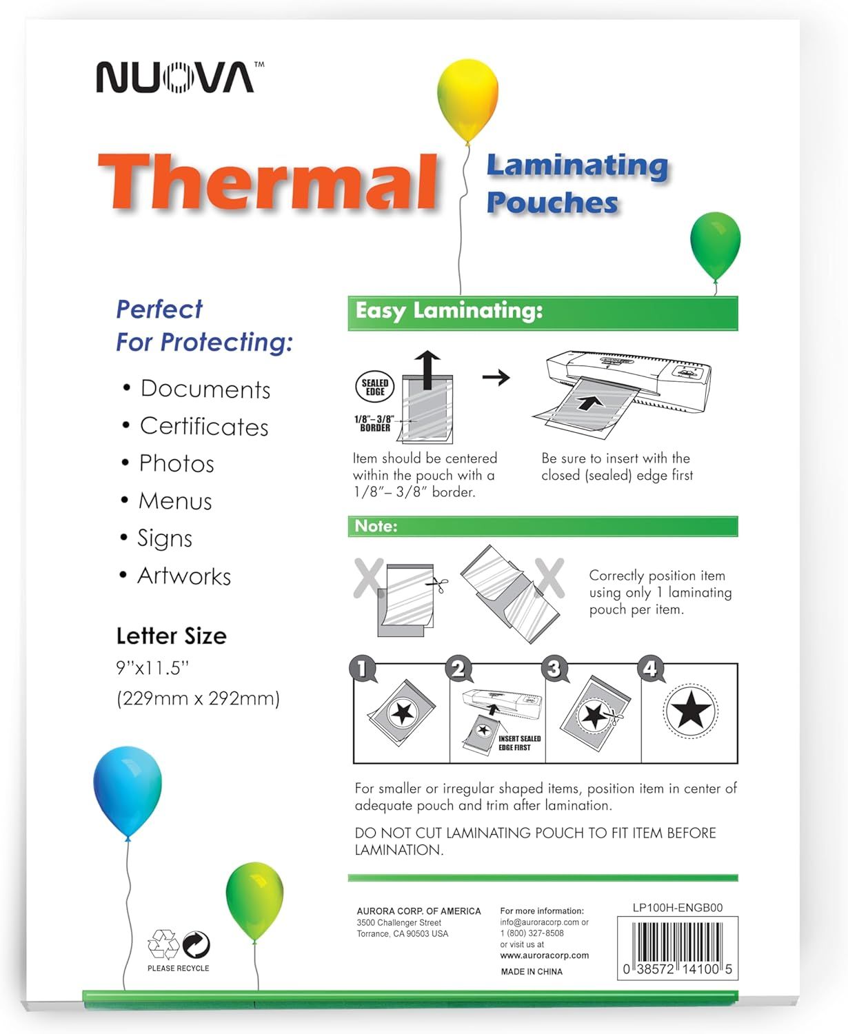 Provides step-by-step visual instructions on how to properly use the thermal laminating pouches, including positioning, insertion, and trimming guidance to…